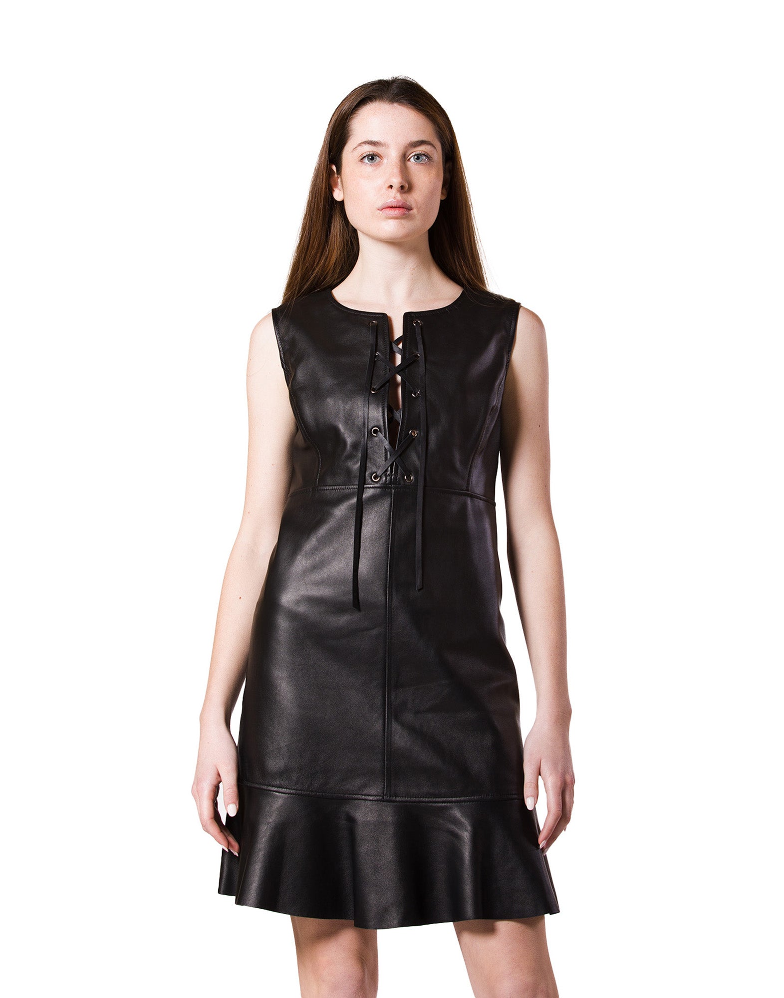 Sleeveless Leather Dress with Laced Neckline