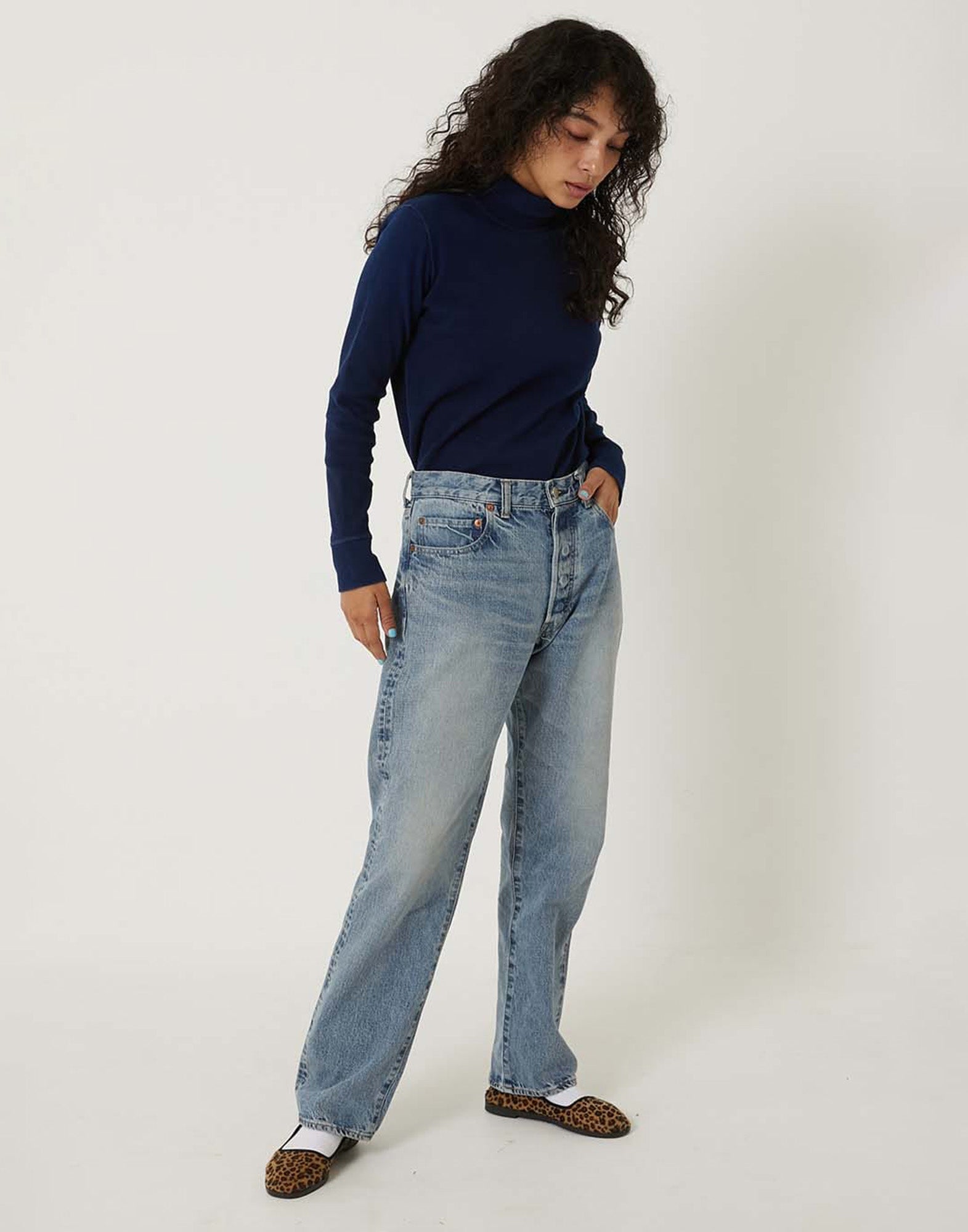 BLUE BLUE JAPAN T-shirt a Collo Alto in Jersey a Coste Blu Indigo