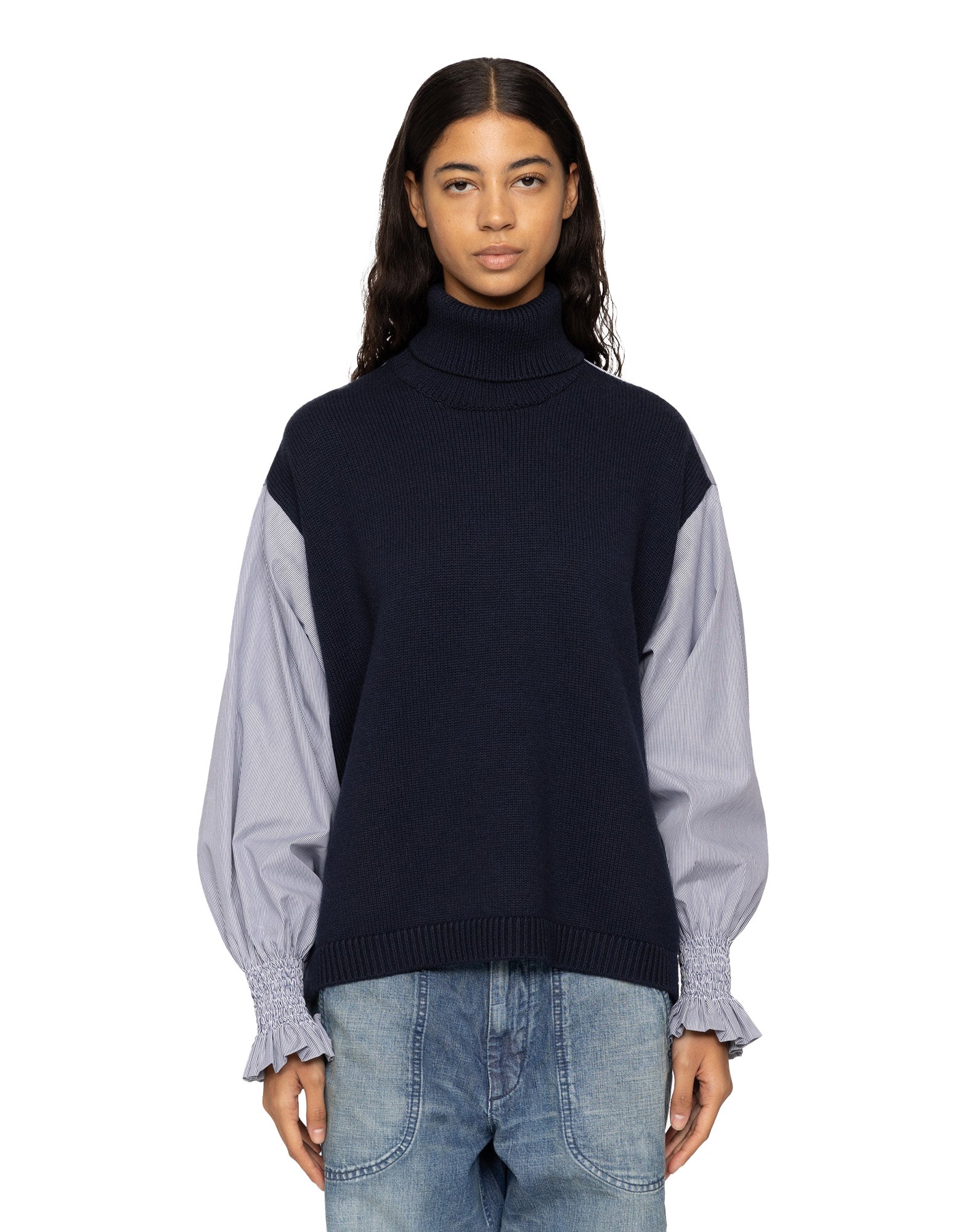 SEA NY Maglione Camicia a Collo Alto Navy