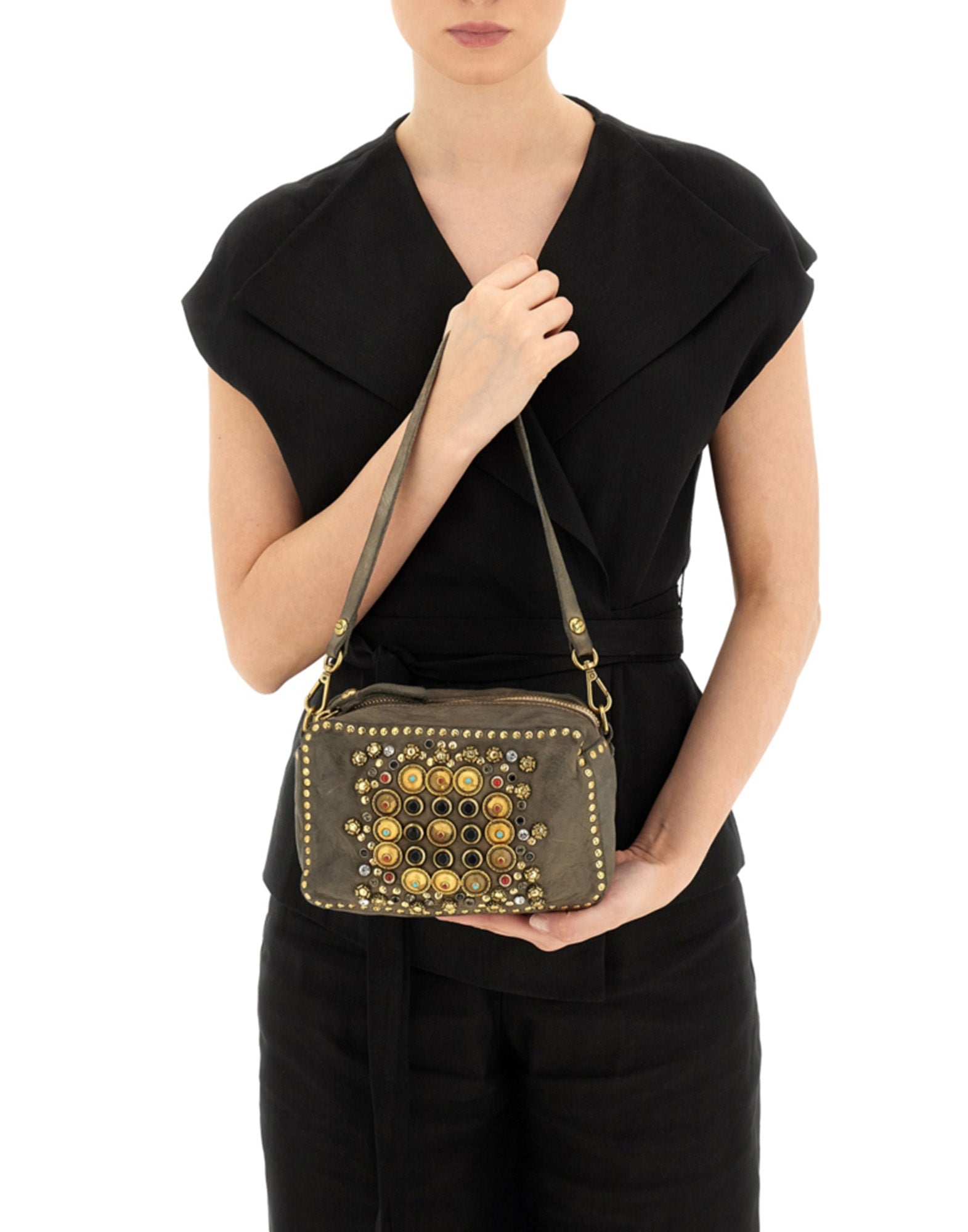 CAMPOMAGGI Camera Bag in Pelle con Borchie e Strass Cemento