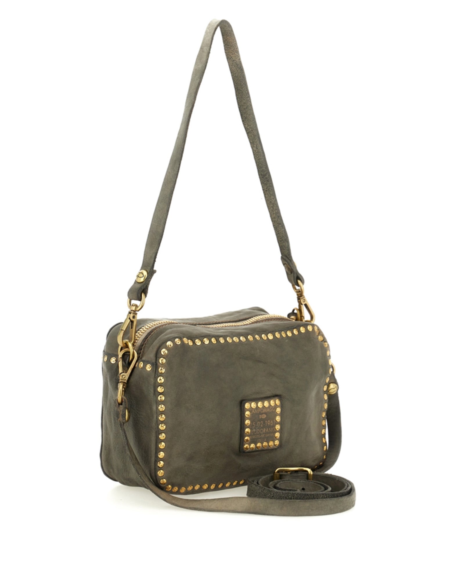 CAMPOMAGGI Camera Bag in Pelle con Borchie e Strass Cemento