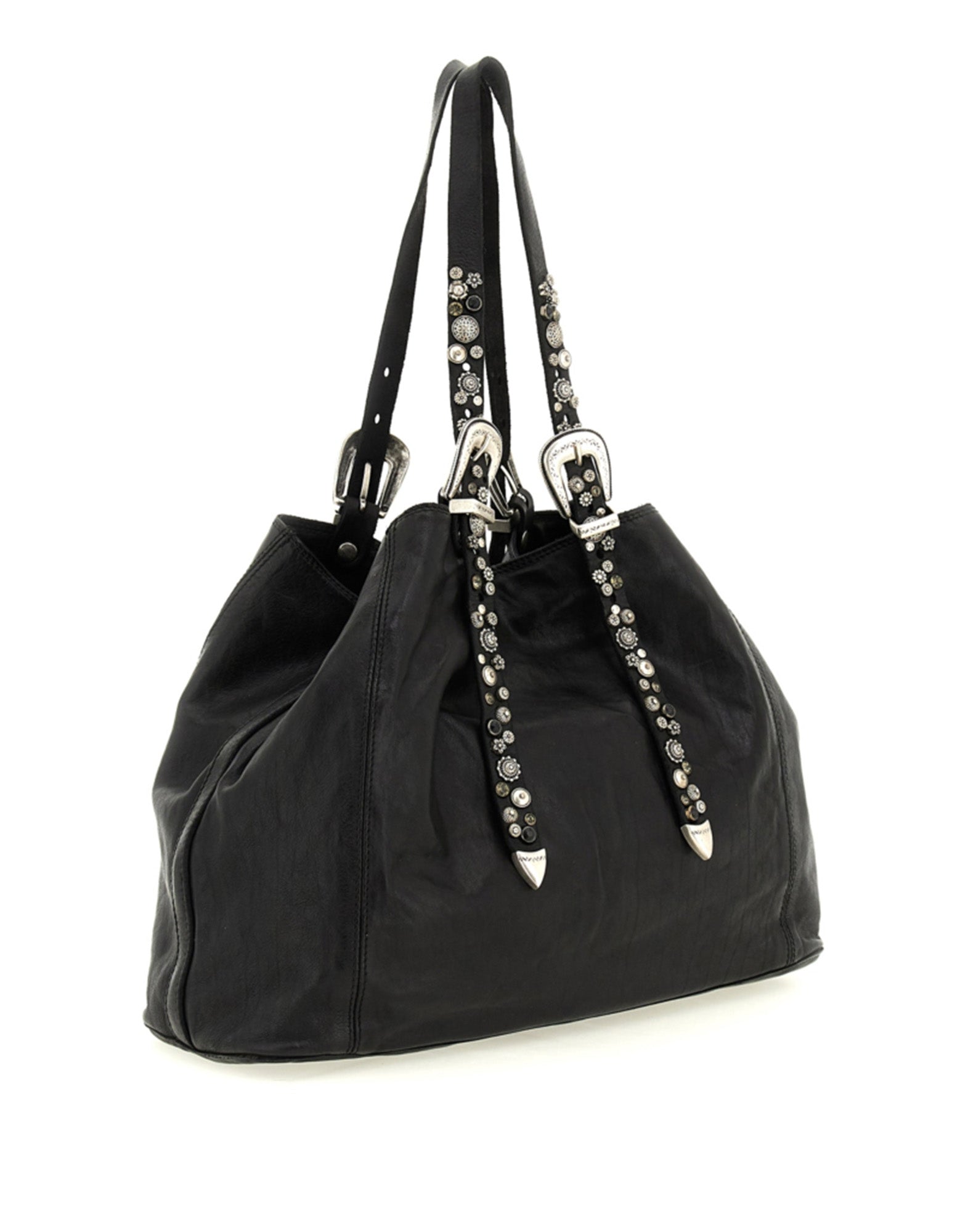 CAMPOMAGGI Shopping Bag in Pelle con Borchie e Strass Nera