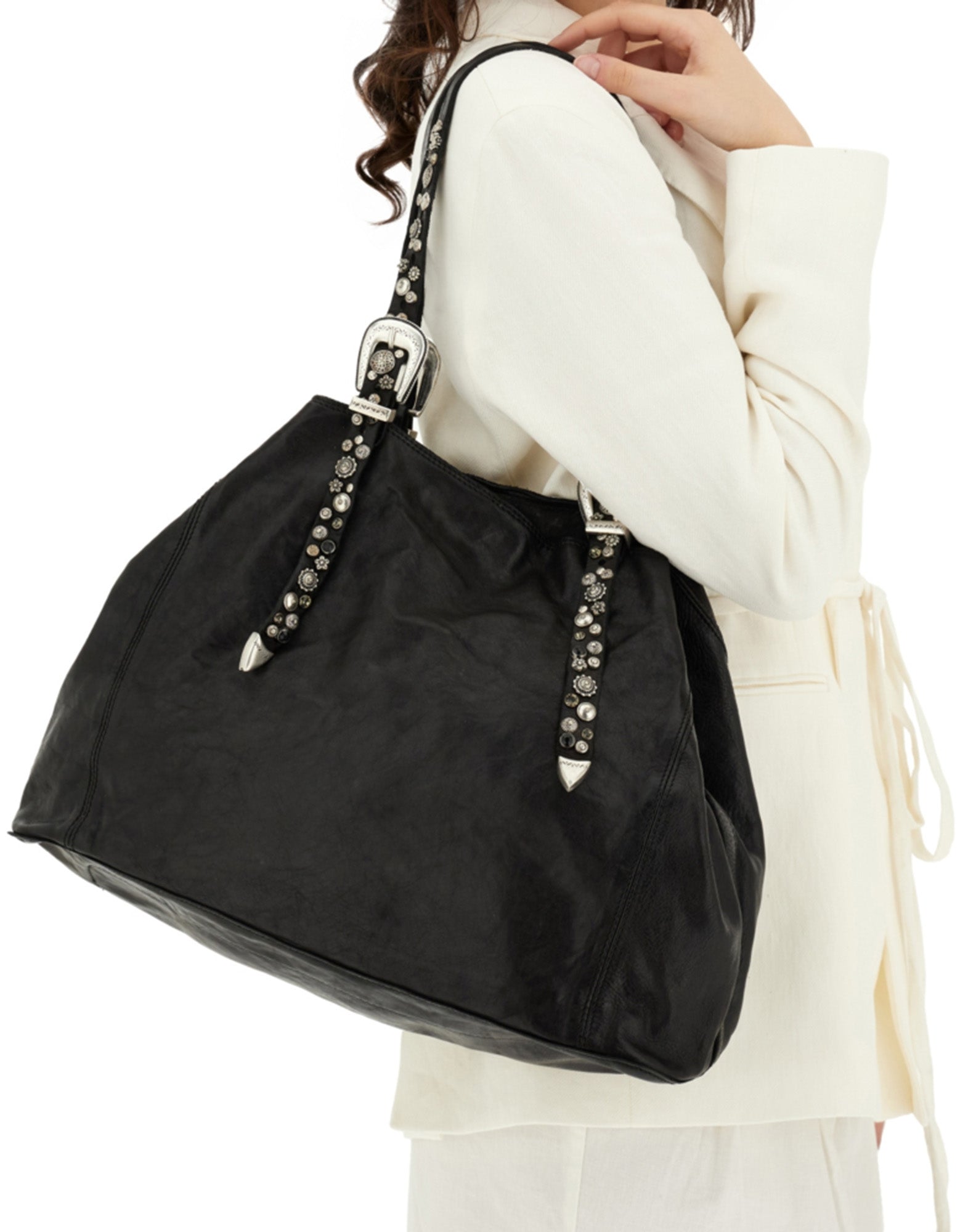 CAMPOMAGGI Shopping Bag in Pelle con Borchie e Strass Nera