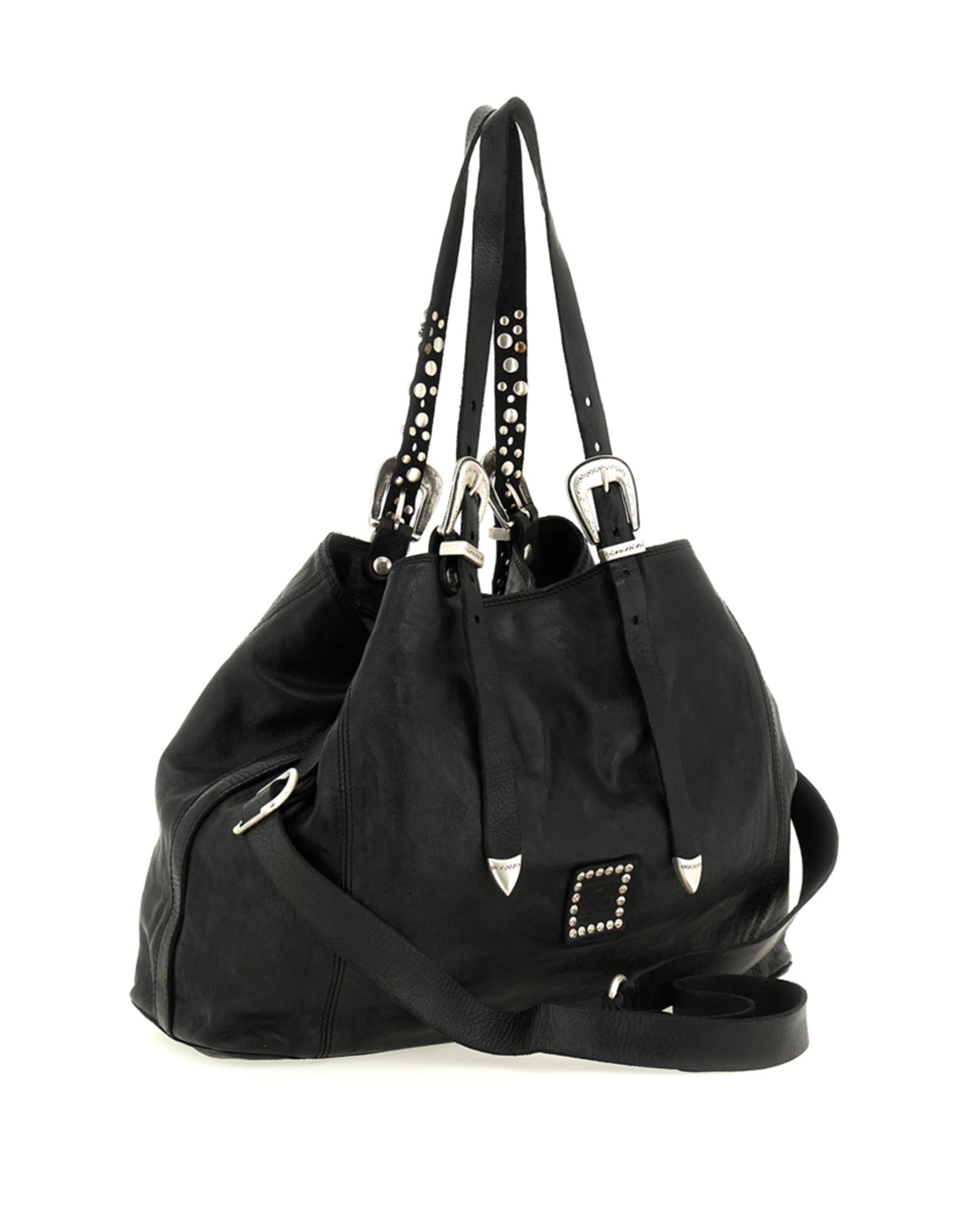 CAMPOMAGGI Shopping Bag in Pelle con Borchie e Strass Nera