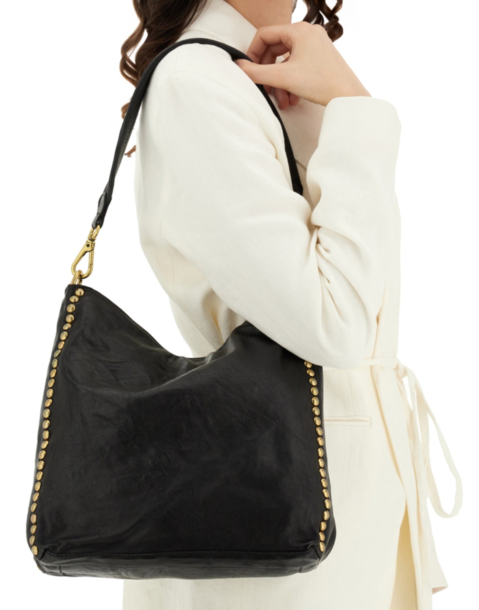 CAMPOMAGGI Borsa a Spalla in Pelle con Borchie Nera