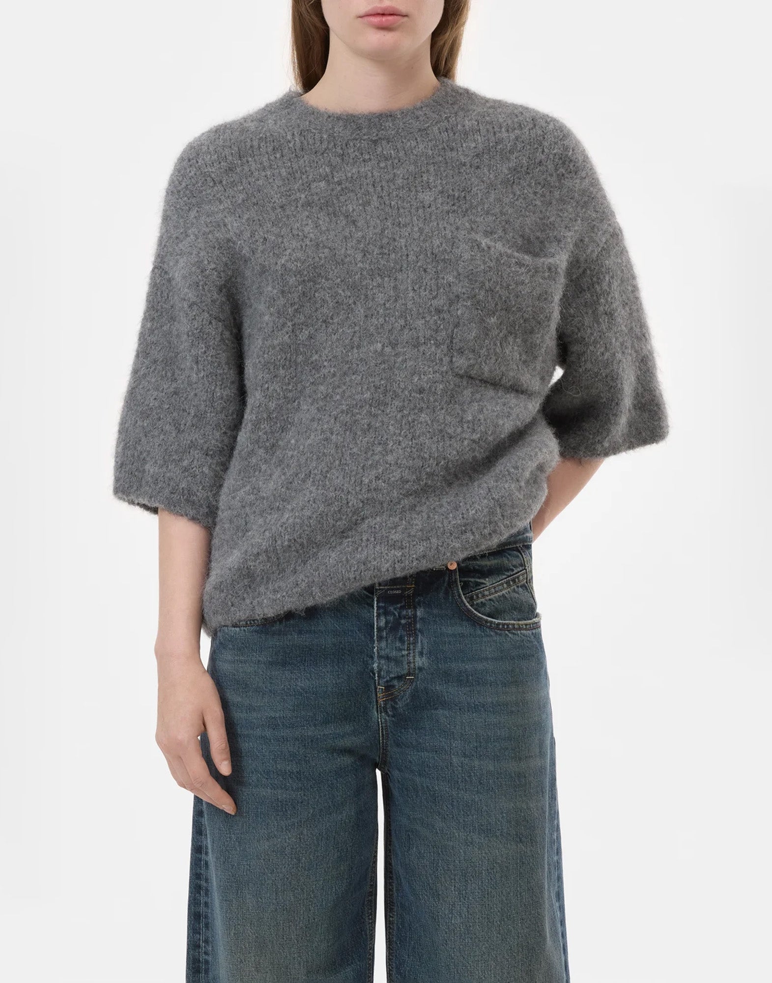 CLOSED Maglione a Maniche Corte in Misto Alpaca e Lana Grigio Melange