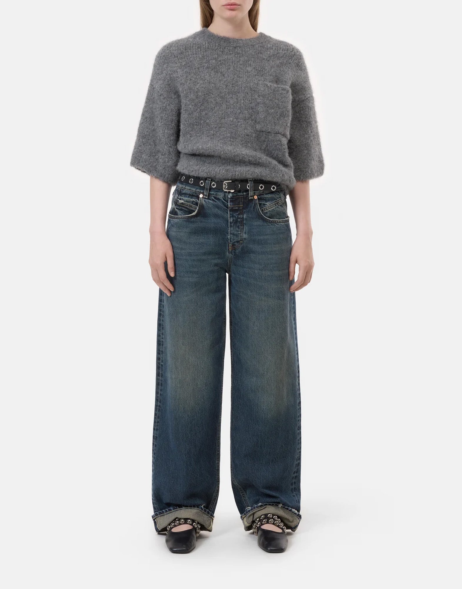 CLOSED Maglione a Maniche Corte in Misto Alpaca e Lana Grigio Melange