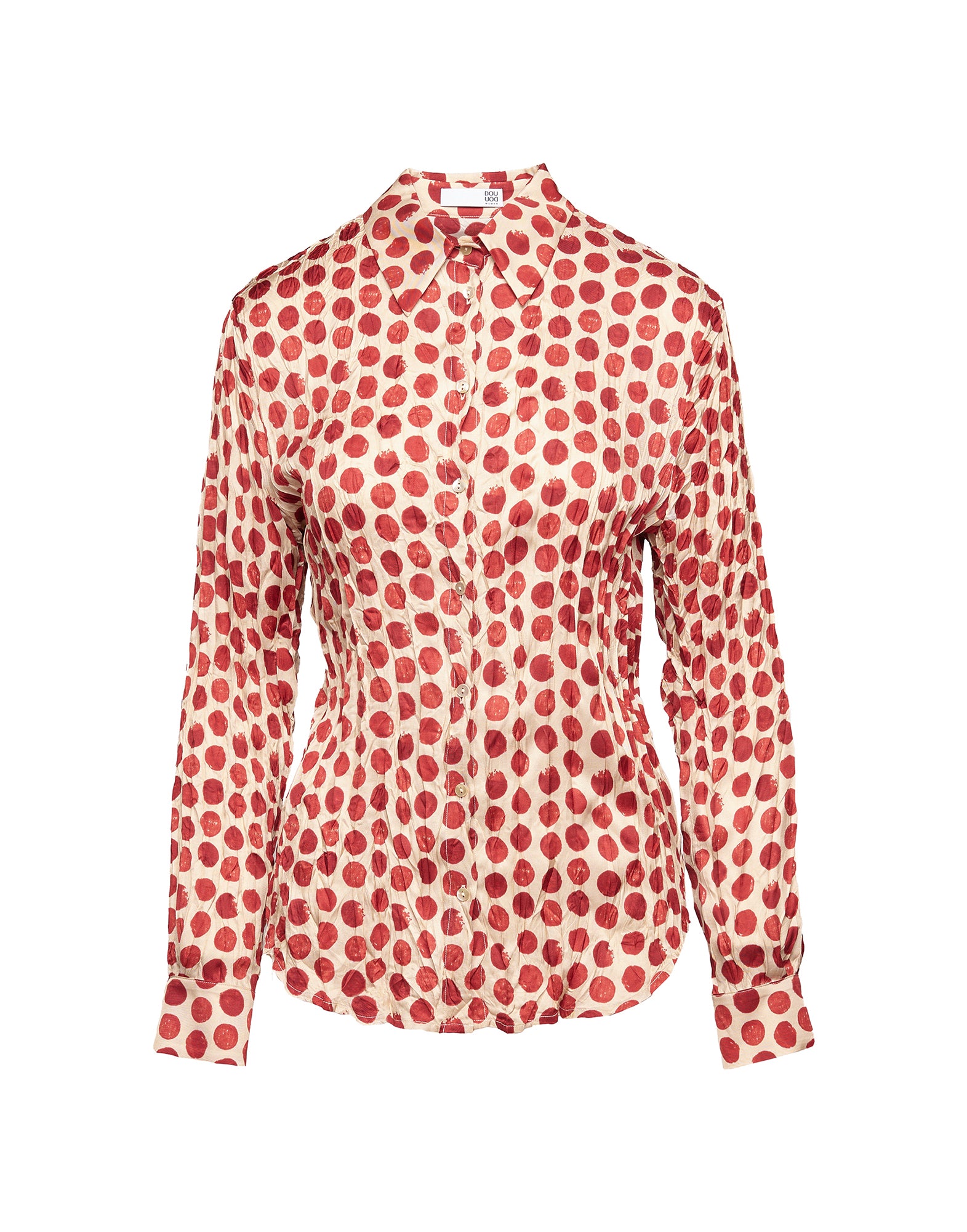 DOUUOD Camicia Stampata a Pois in Twill Plissé Vaniglia/Cherry