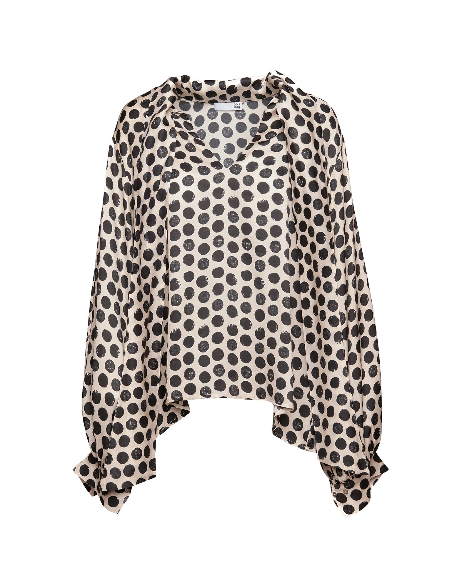DOUUOD Blusa in Twill Stampato a Pois con Collo a Sciarpa Champagne/Nero