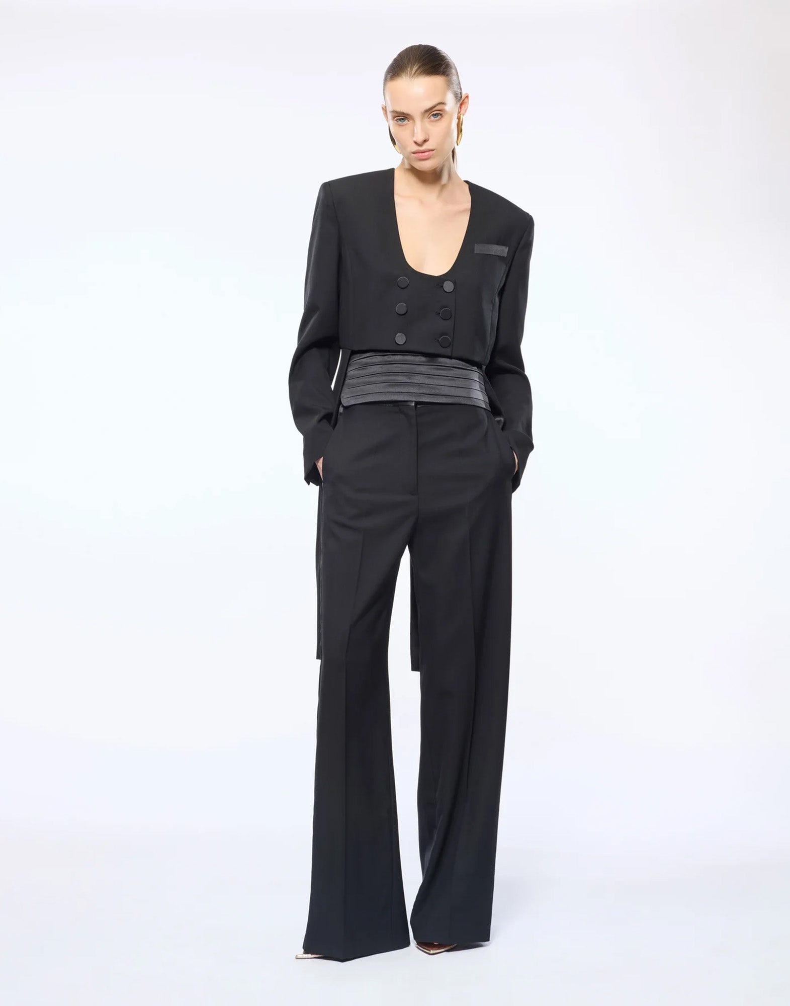 ERIKA CAVALLINI Pantalone Zeno in Fresco di Lana con Fascia in Raso Nero