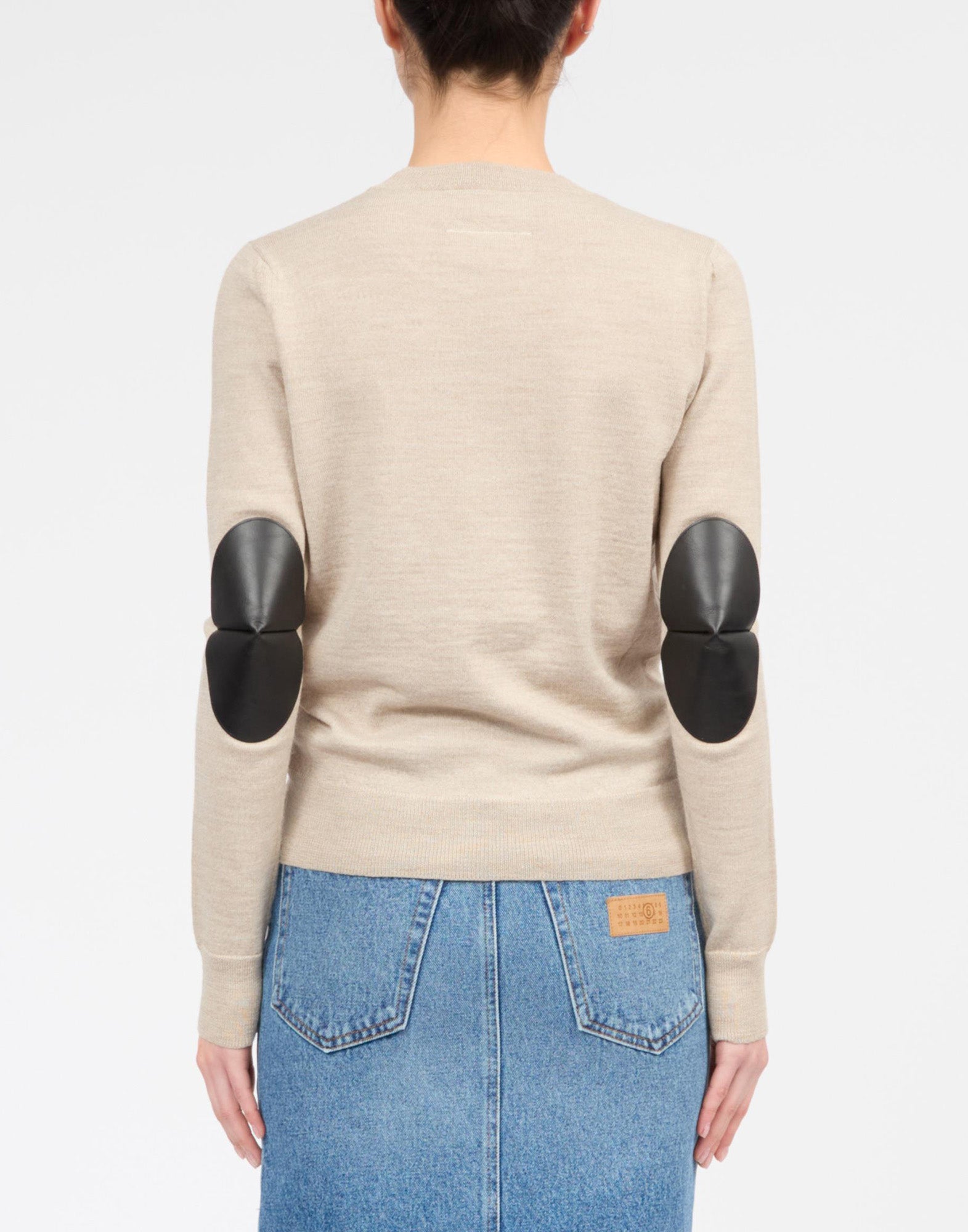 MM6 MAISON MARGIELA Maglioncino Girocollo con Toppe in Pelle Beige Melange
