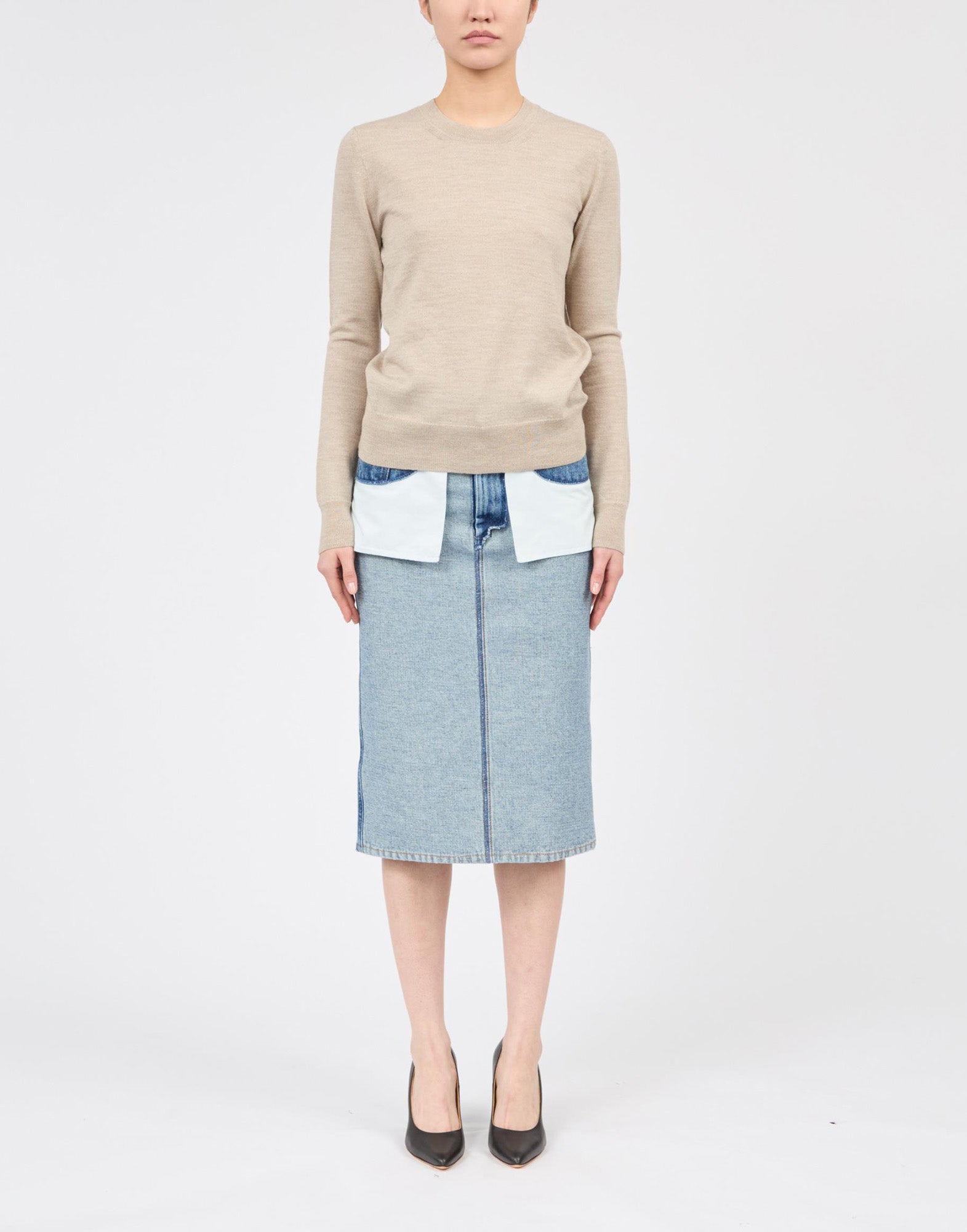 MM6 MAISON MARGIELA Maglioncino Girocollo con Toppe in Pelle Beige Melange