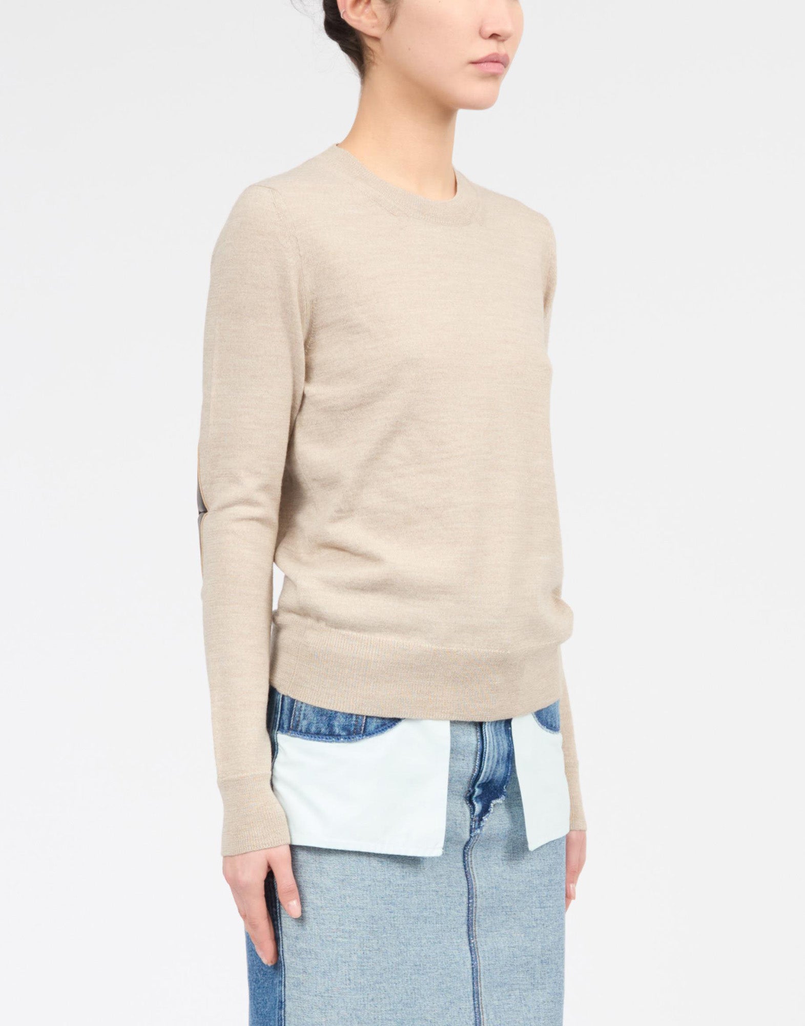 MM6 MAISON MARGIELA Maglioncino Girocollo con Toppe in Pelle Beige Melange