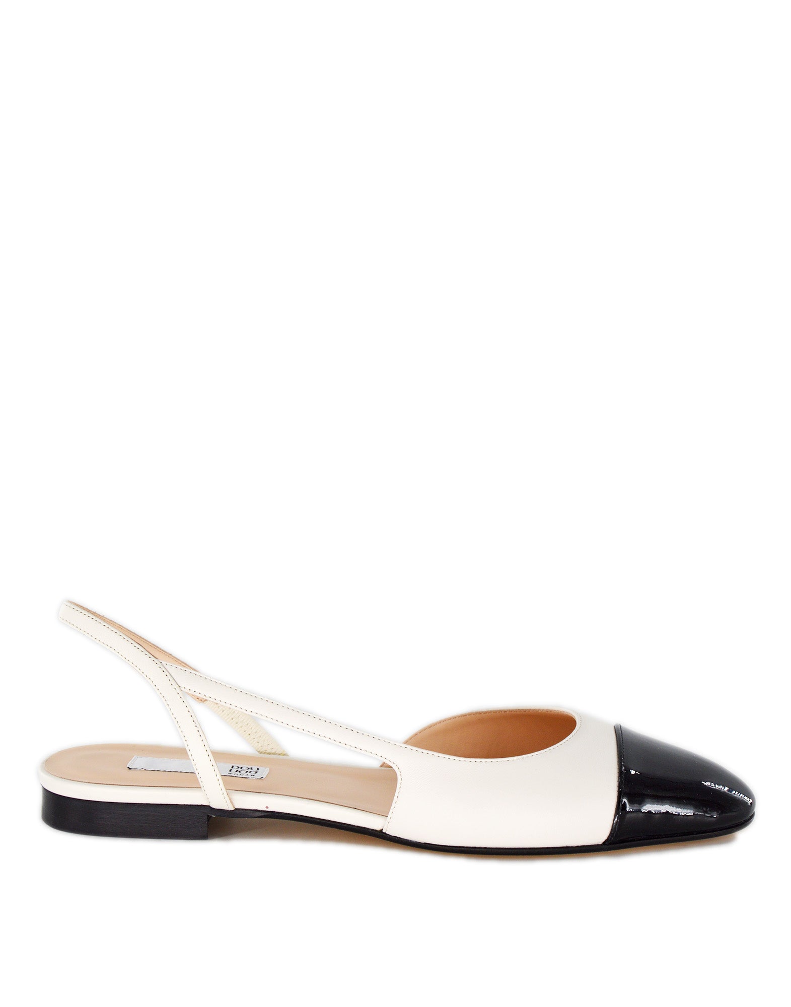 DOUUOD Slingback in Pelle con Punta in Vernice Panna/Nero