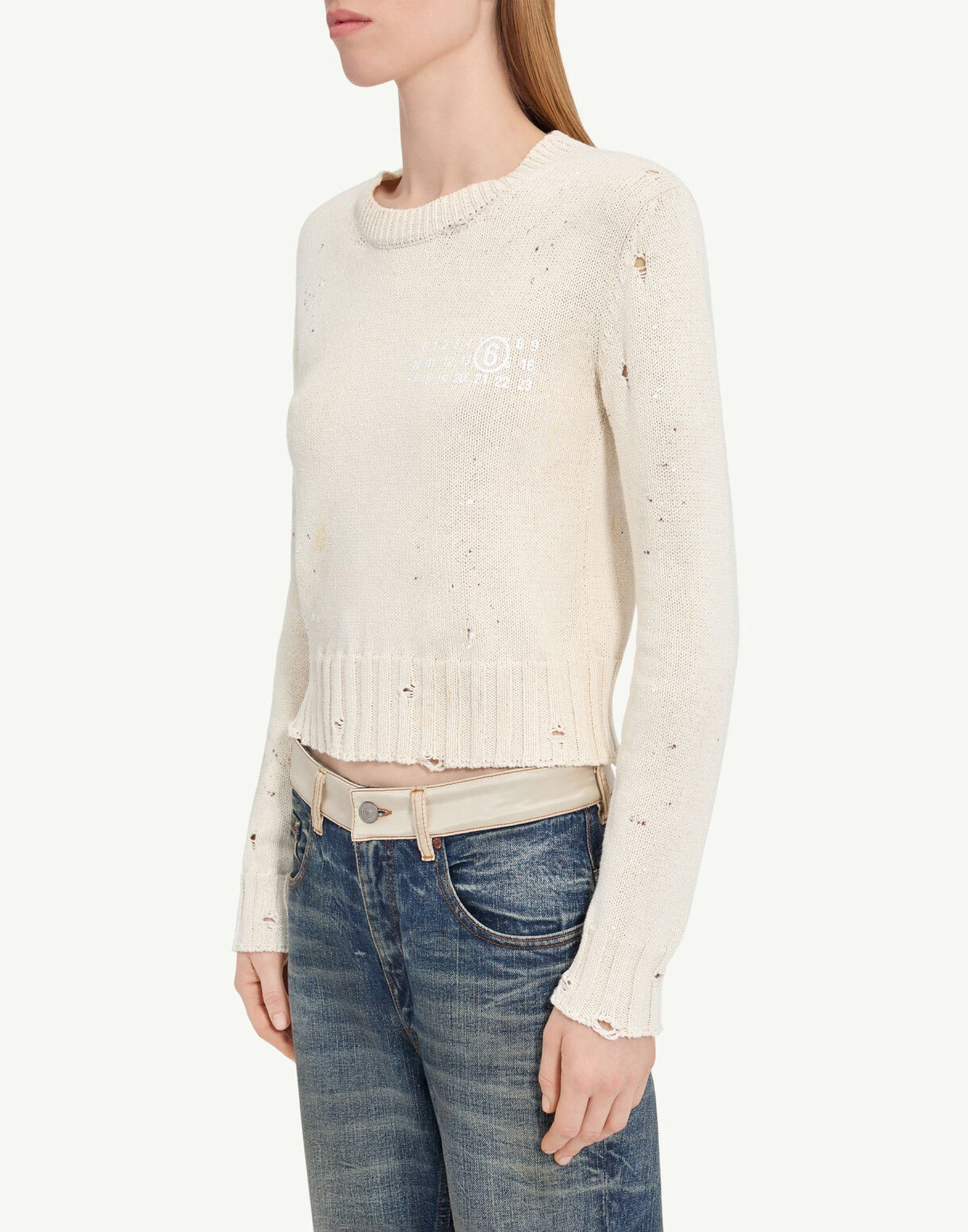 MM6 MAISON MARGIELA Maglia a Coste con Residui di Vernice Crema