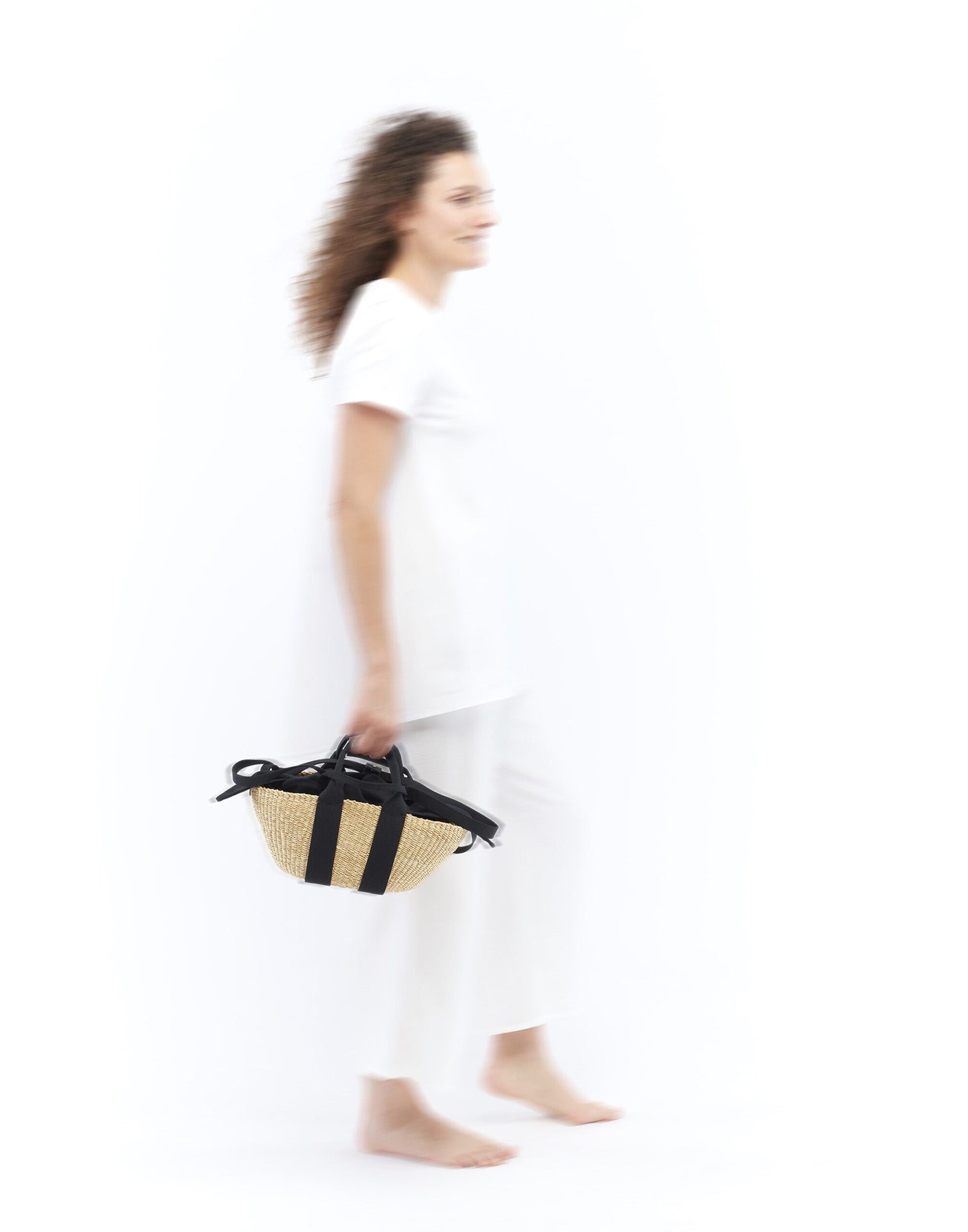 MUUN Borsa Mini George in Paglia con Pochette in Lino Khaki