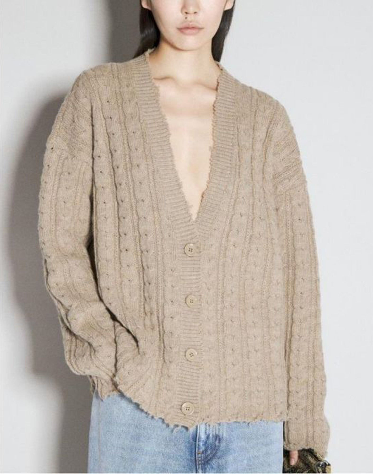 MM6 MAISON MARGIELA Cardigan in Maglia a Trecce Scollo a V Beige