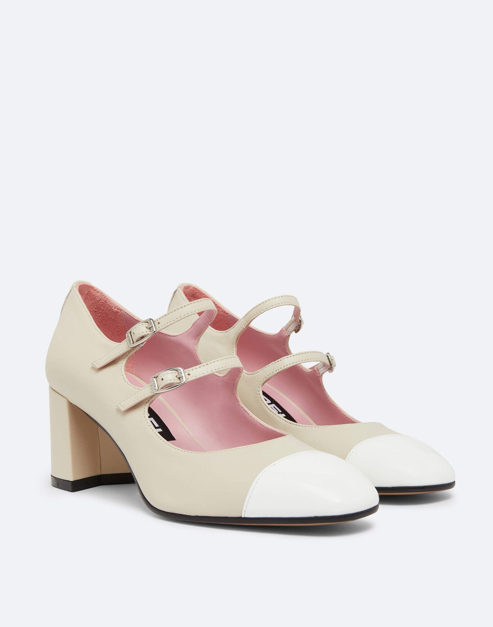 CAREL Décolleté Mary Jane Cherry in Pelle Beige e Vernice Bianca