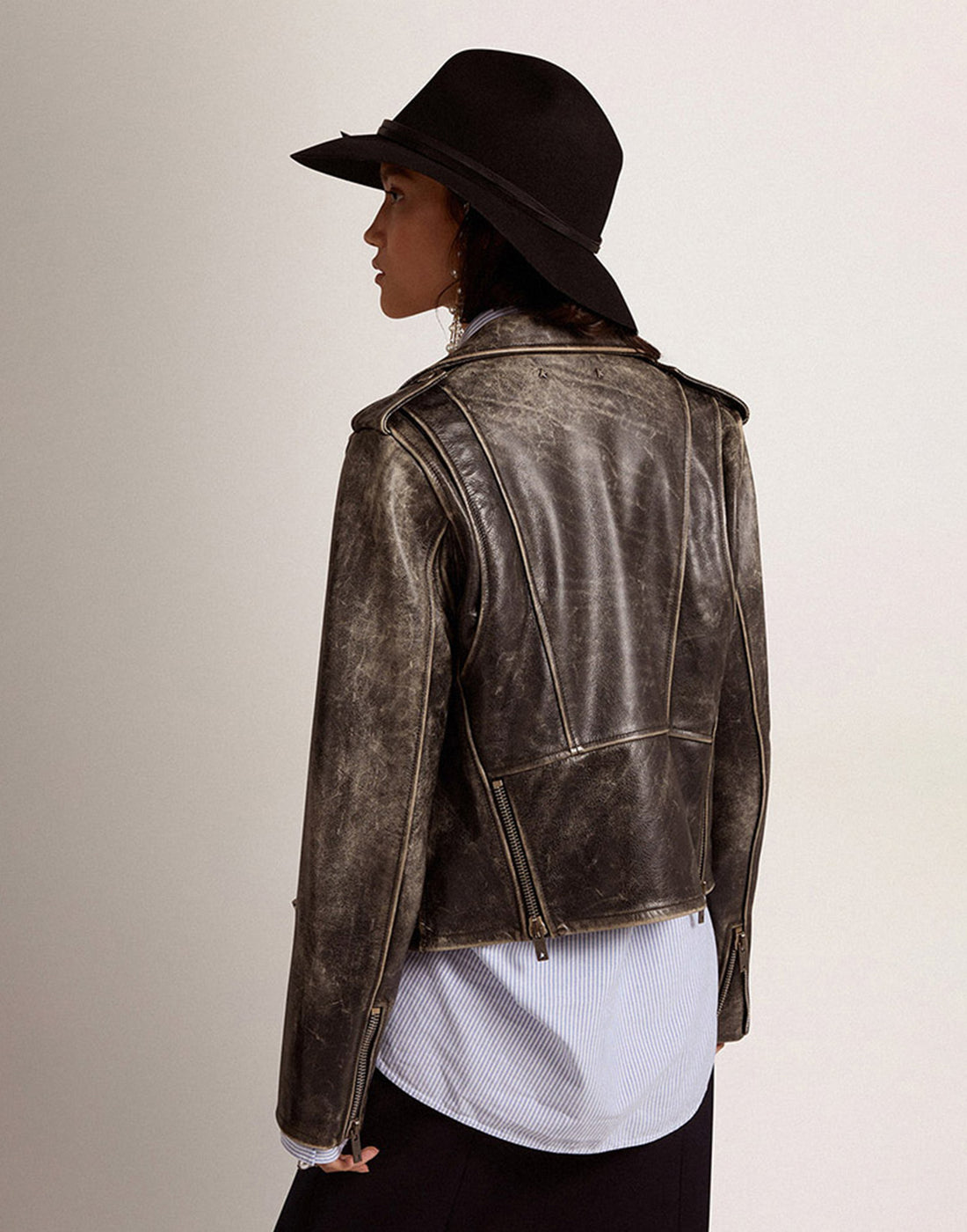 GOLDEN GOOSE Chiodo da donna in pelle dal trattamento distressed