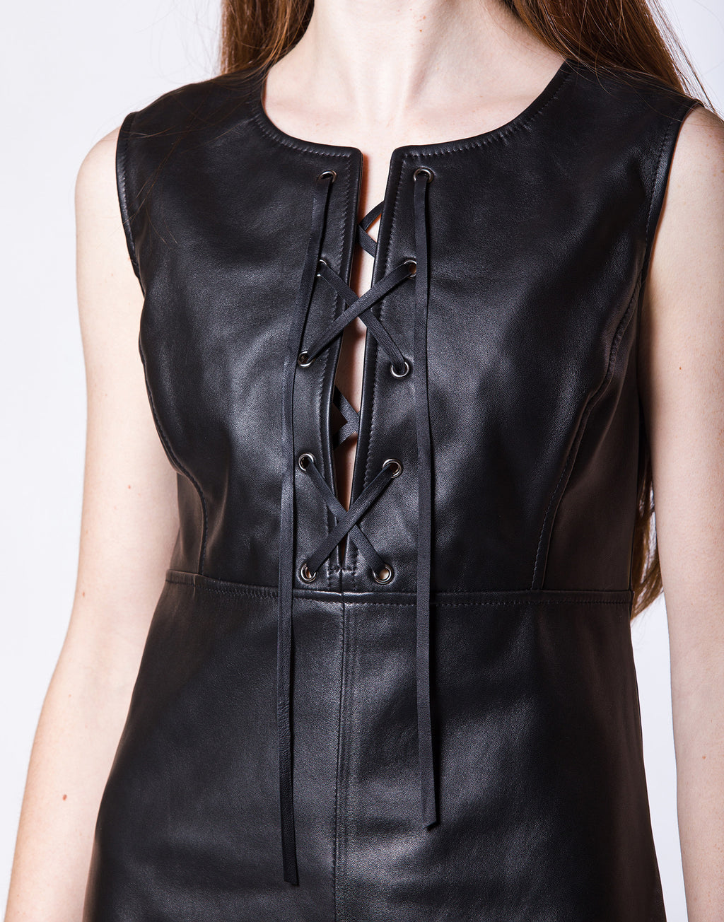 Sleeveless Leather Dress with Laced Neckline