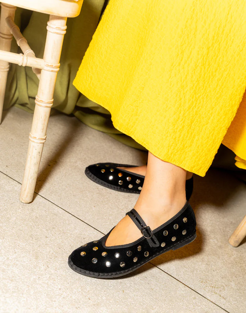 FLABELUS Ballerine Mae in Velluto Nero con Borchie Argento