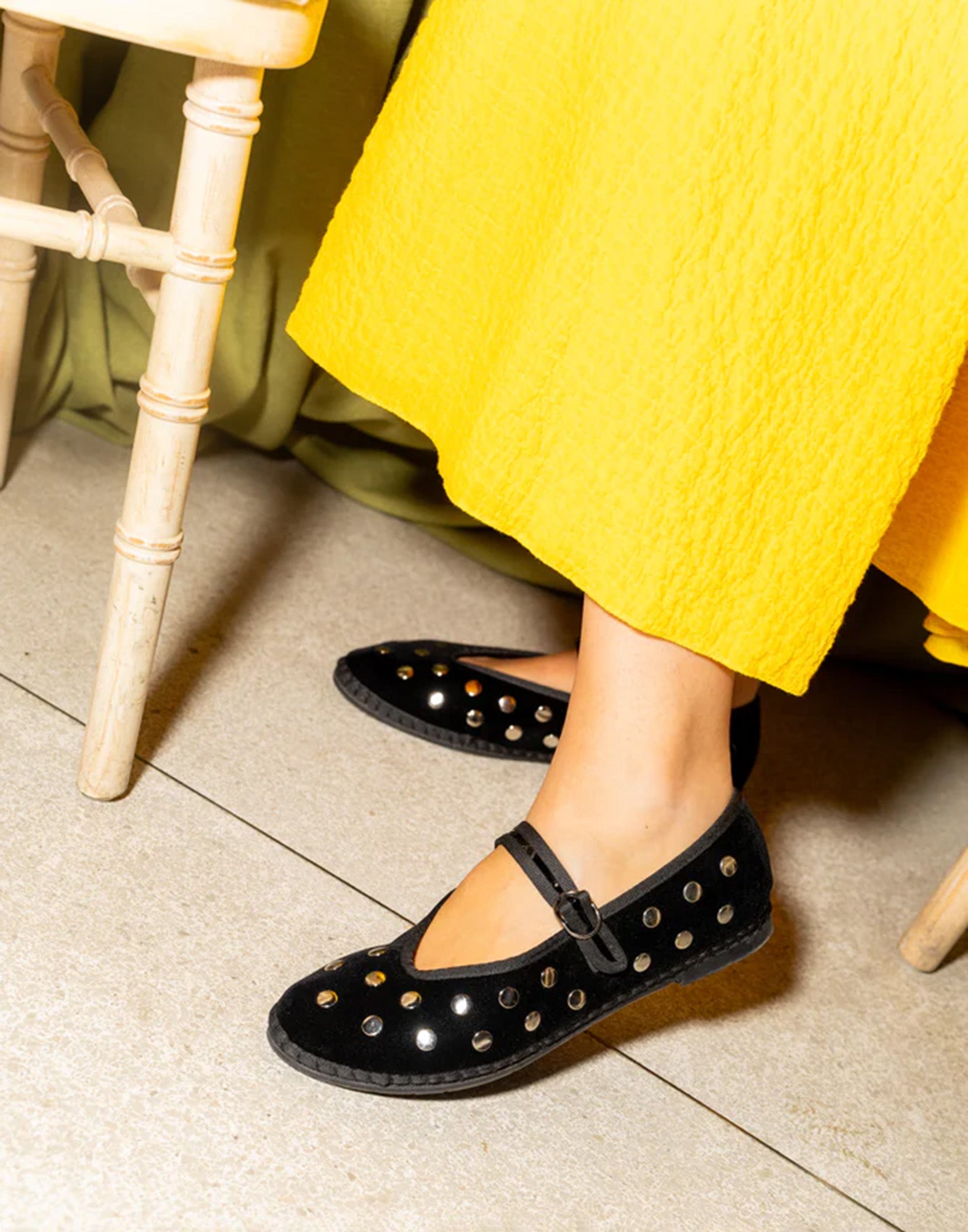 FLABELUS Ballerine Mae in Velluto Nero con Borchie Argento