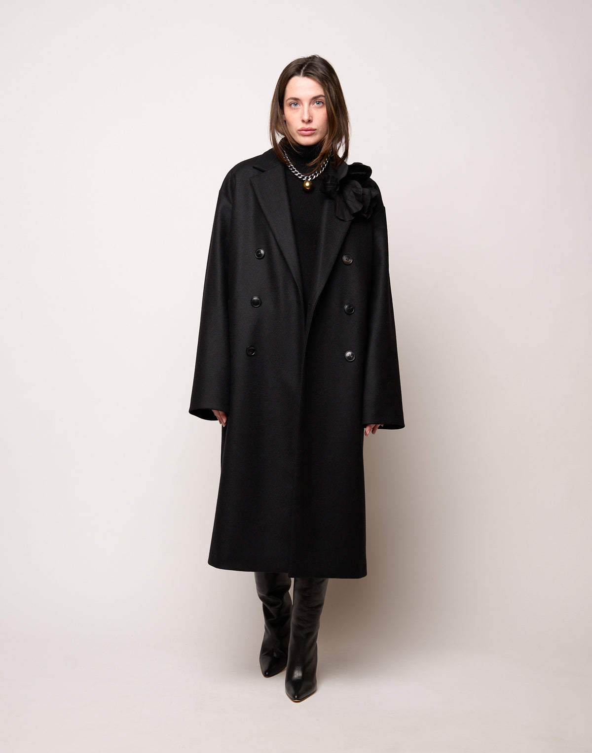 DOUUOD Cappotto Genderless Doppiopetto con Tasche a Filettone Nero