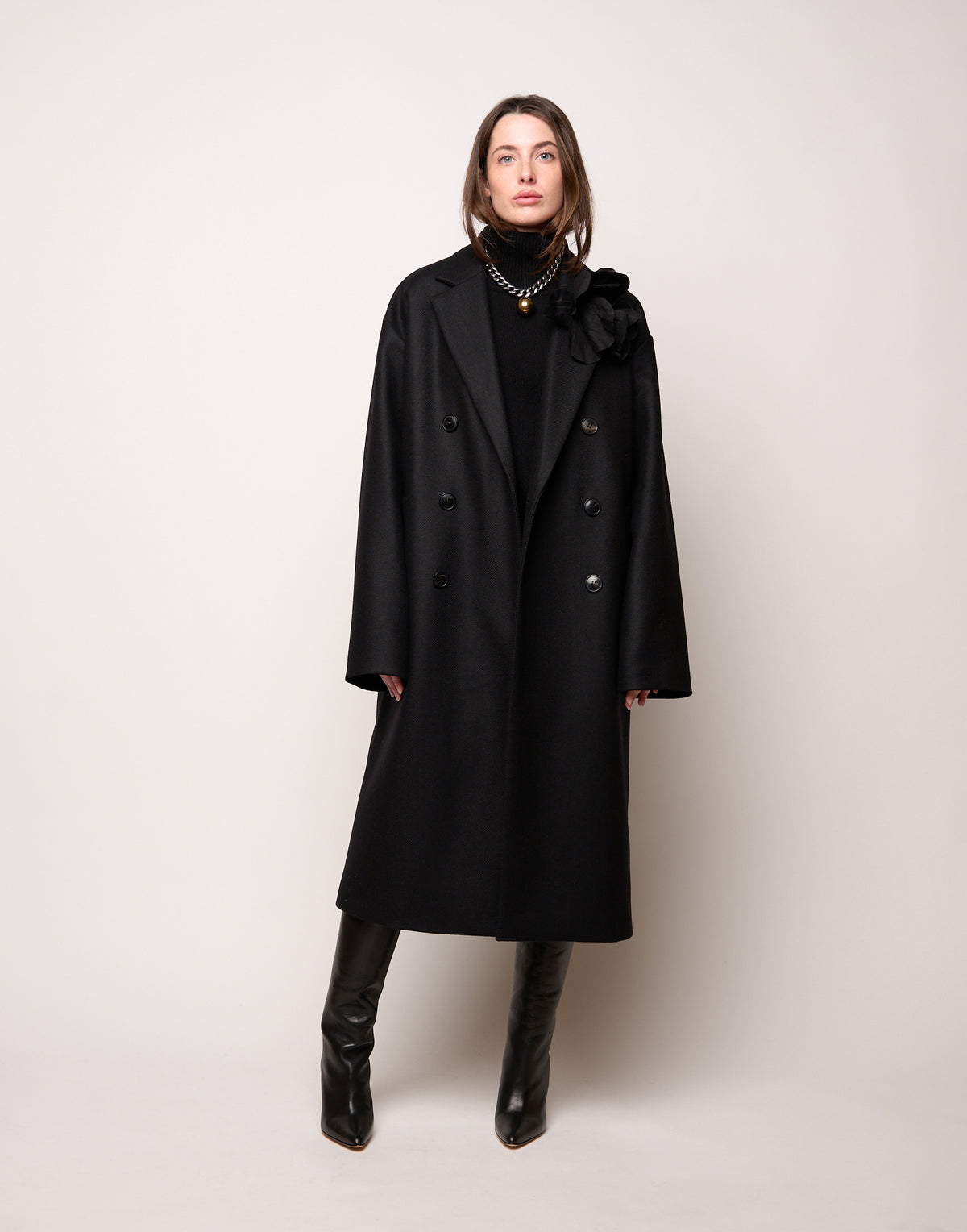 DOUUOD Cappotto Genderless Doppiopetto con Tasche a Filettone Nero