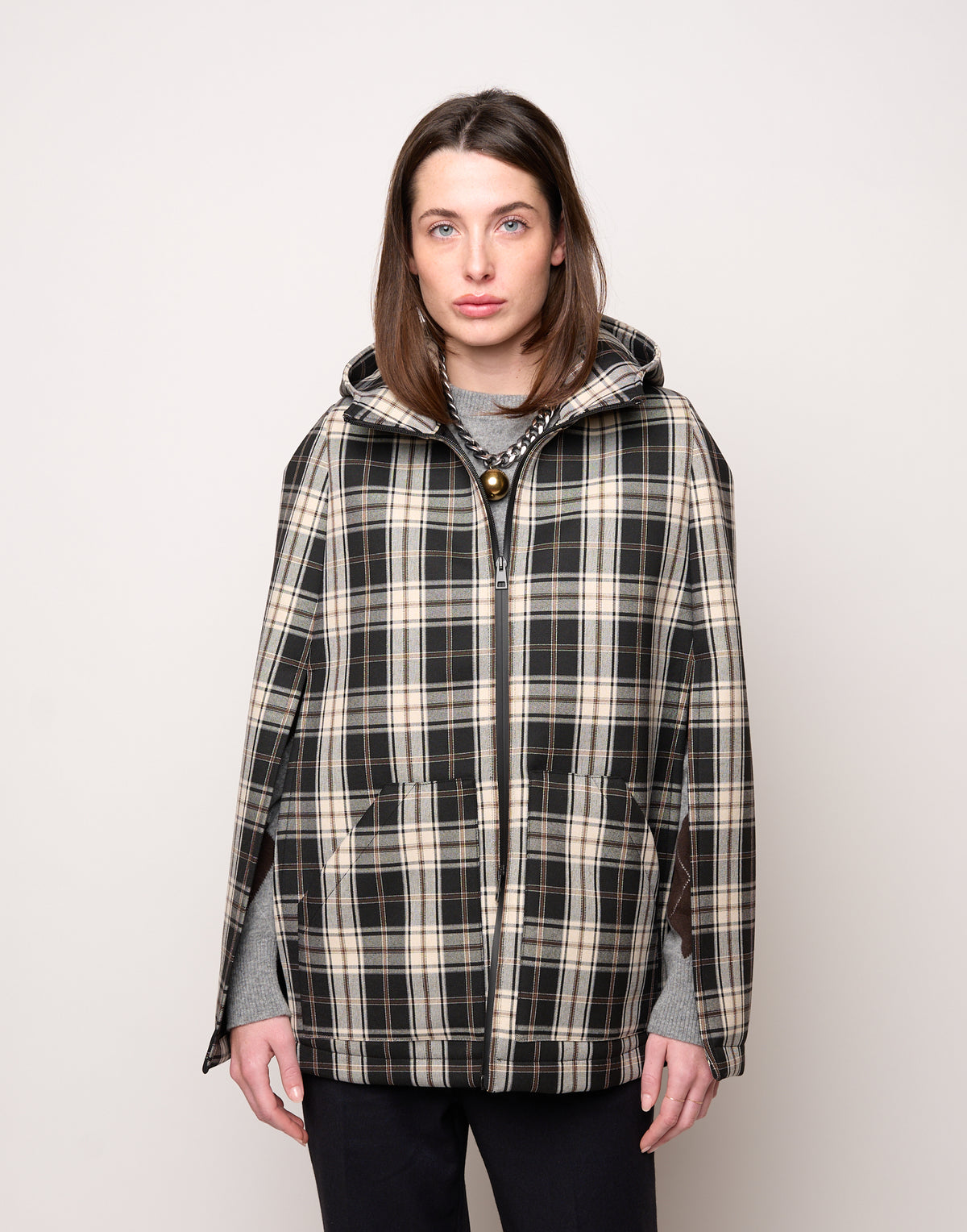 DOUUOD Mini Cappa con Cappuccio e Zip Spalmata in Neoprene Tartan