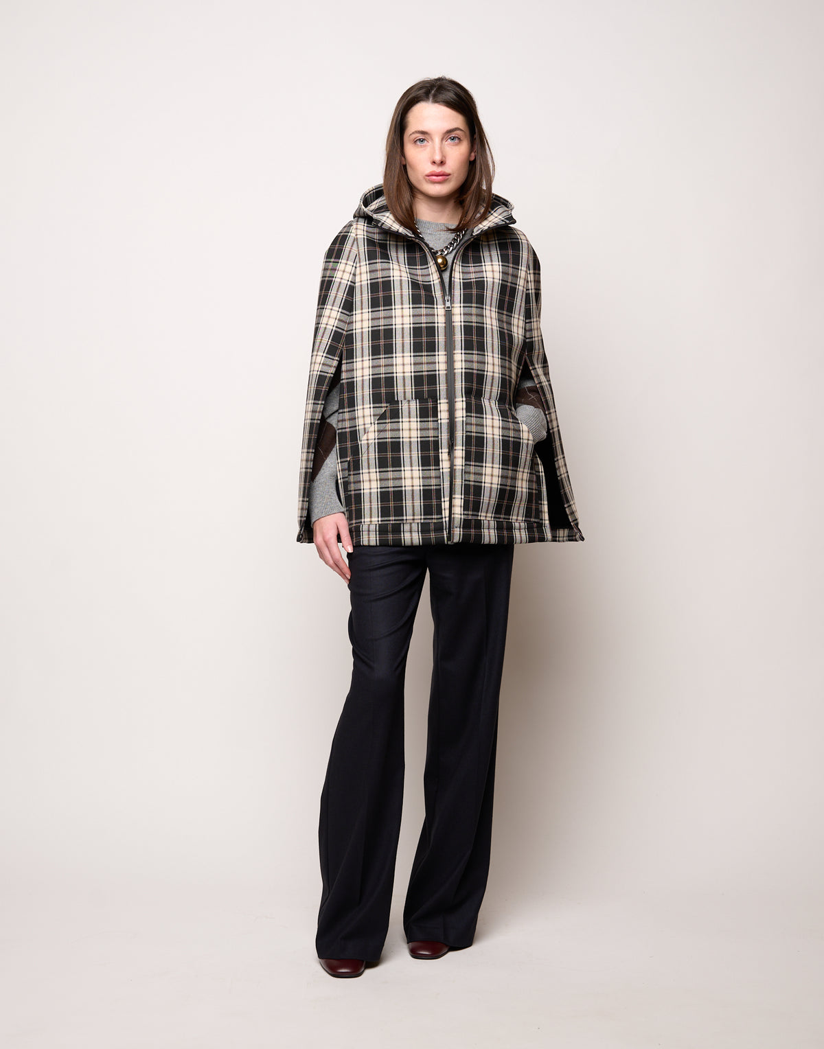 DOUUOD Mini Cappa con Cappuccio e Zip Spalmata in Neoprene Tartan