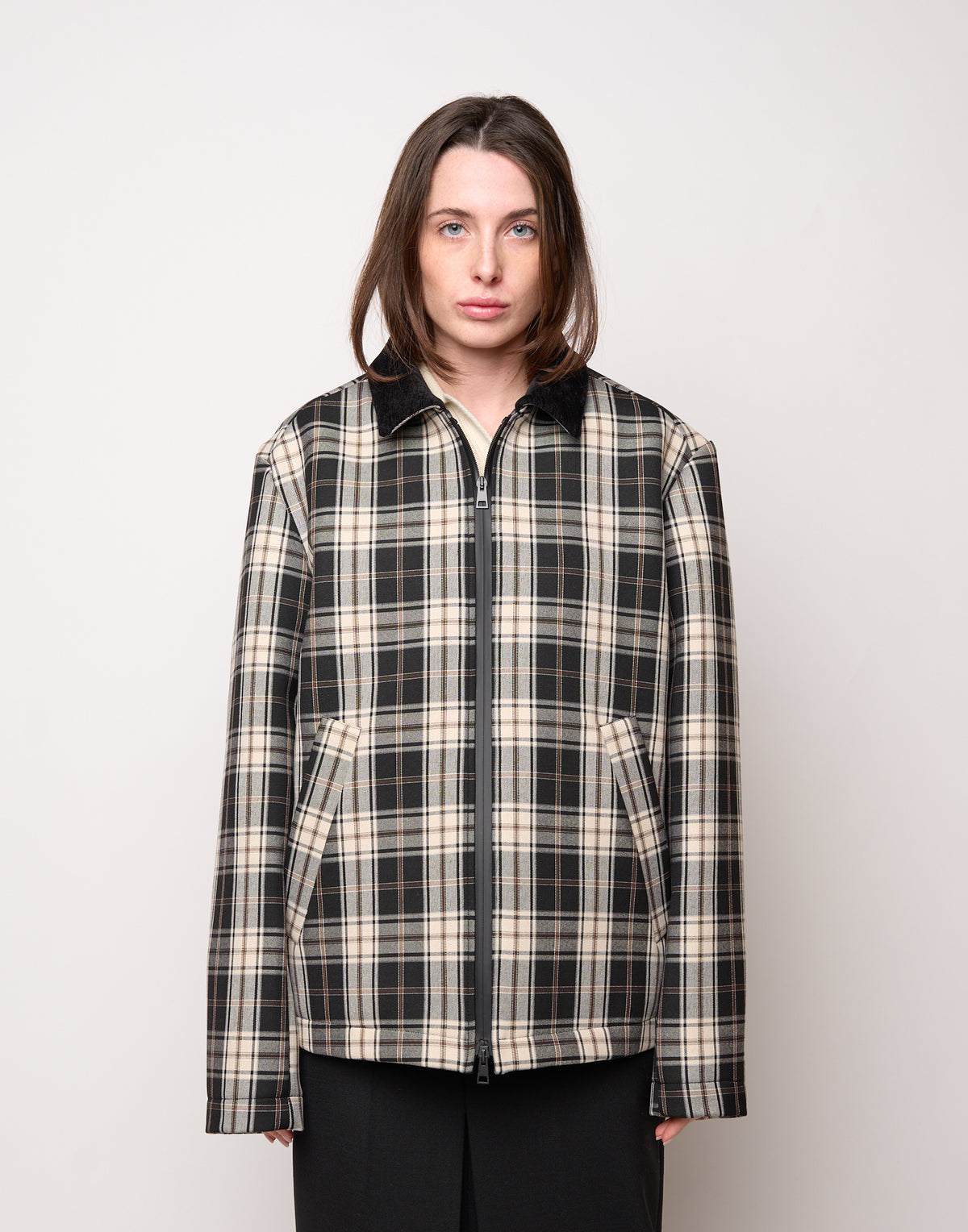 DOUUOD Caban Genderless con Collo Chiuso e Zip Spalmata in Neoprene Tartan