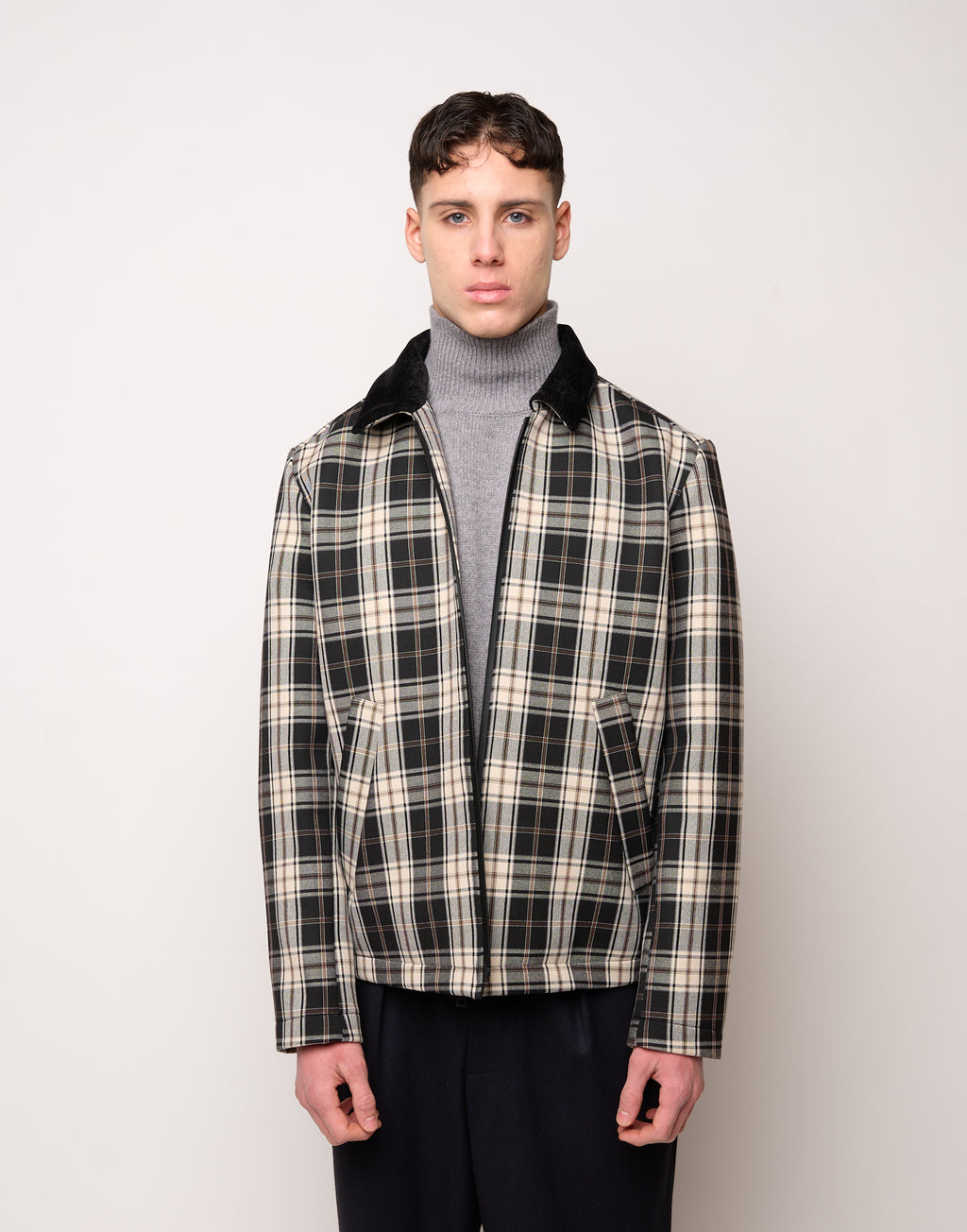 DOUUOD Caban unisexe à col fermé et zip enduit en néoprène tartan