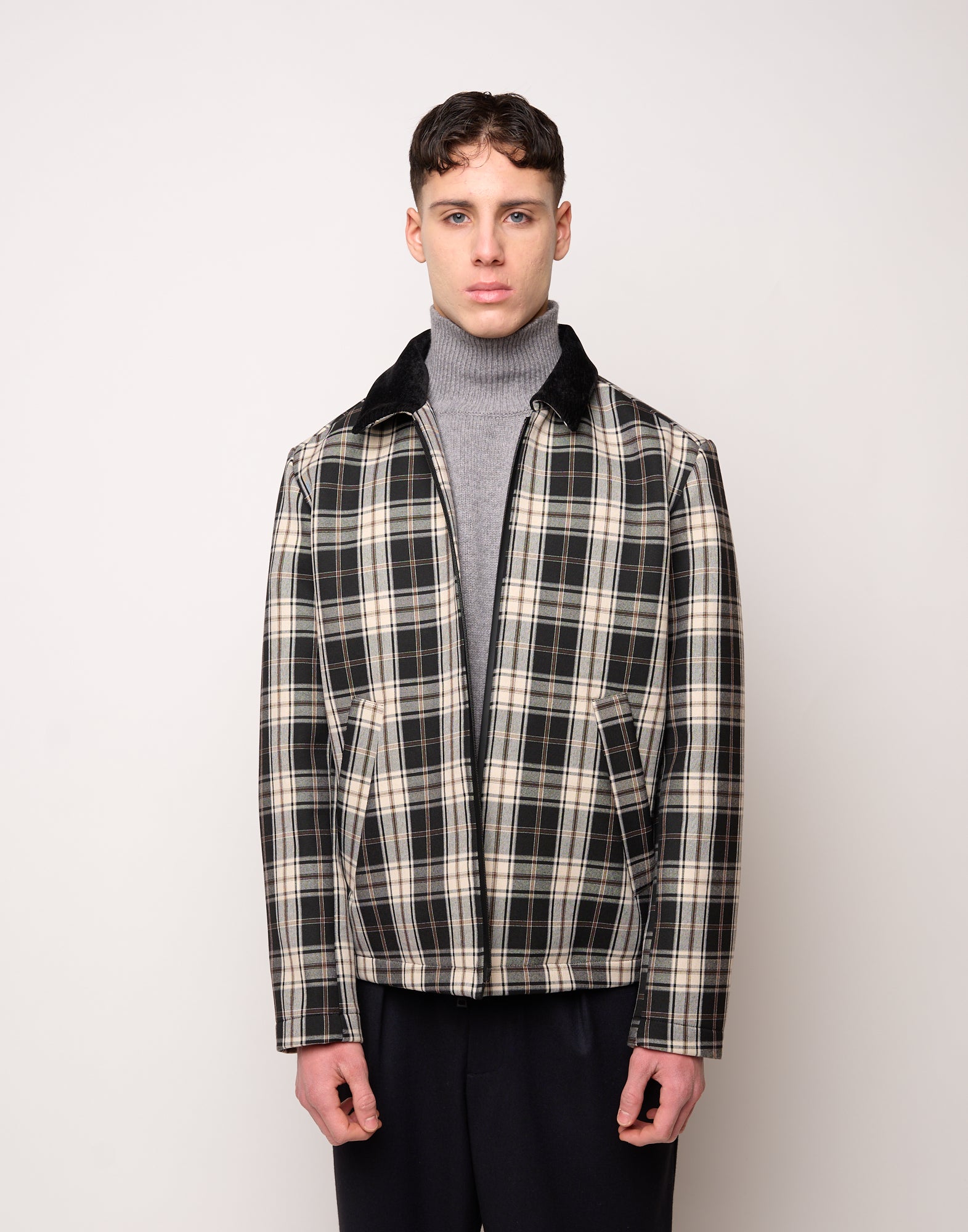 DOUUOD Caban Genderless con Collo Chiuso e Zip Spalmata in Neoprene Tartan