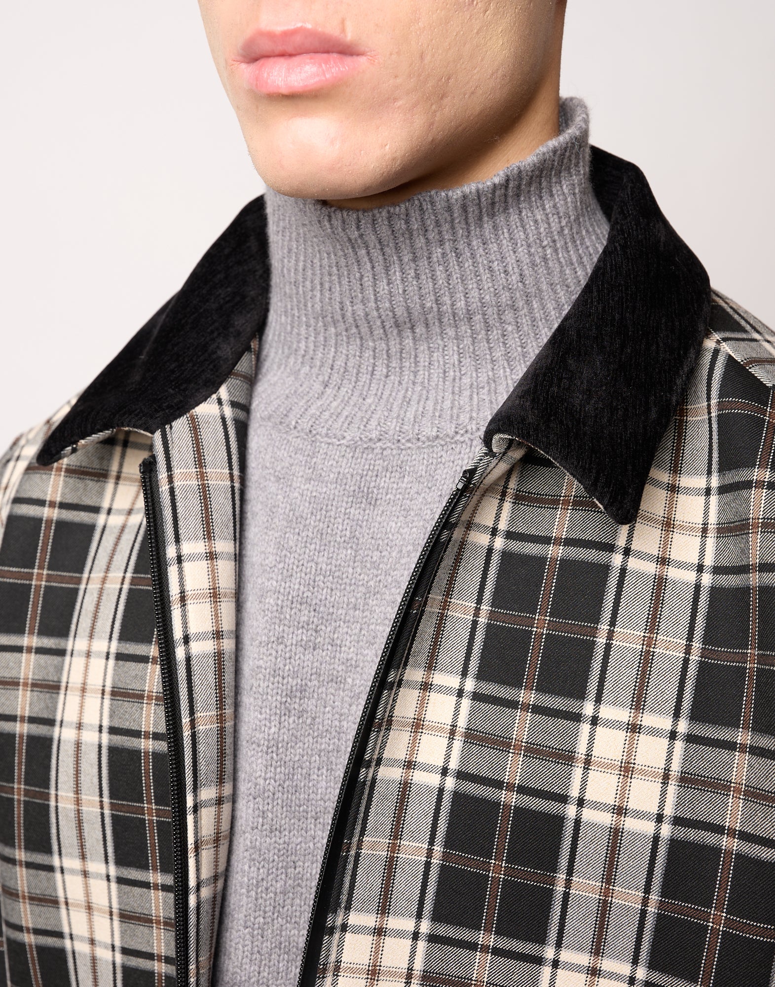DOUUOD Caban Genderless con Collo Chiuso e Zip Spalmata in Neoprene Tartan