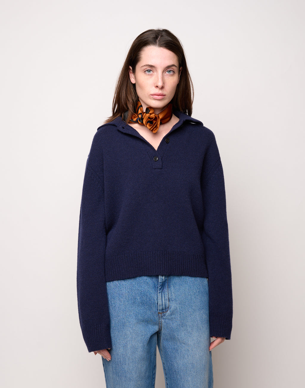 DOUUOD Maglia Polo Cropped in Lana e Cashmere Oltremare
