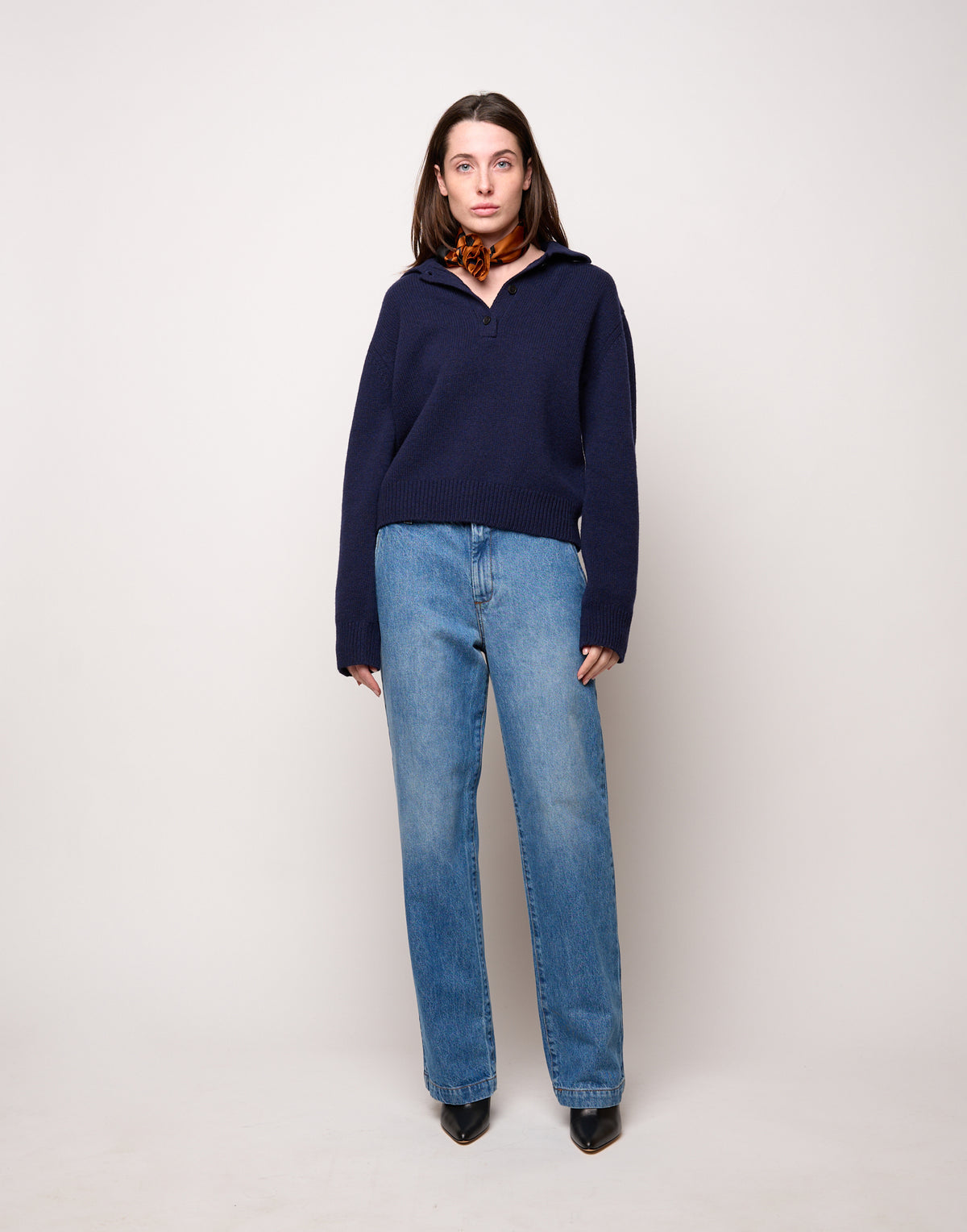 DOUUOD Maglia Polo Cropped in Lana e Cashmere Oltremare