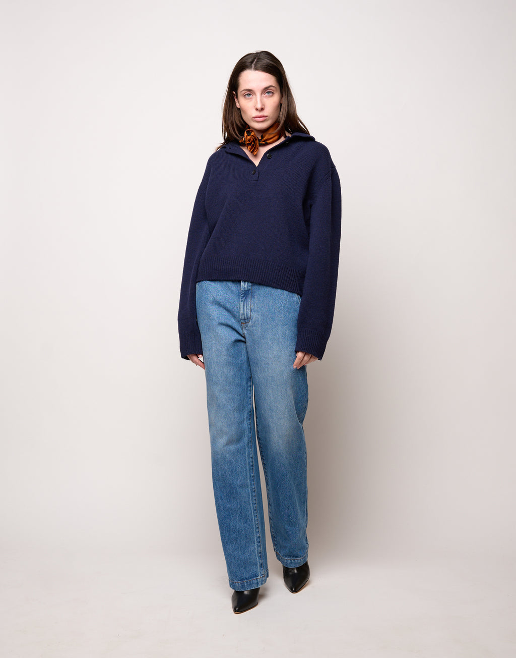 DOUUOD Maglia Polo Cropped in Lana e Cashmere Oltremare