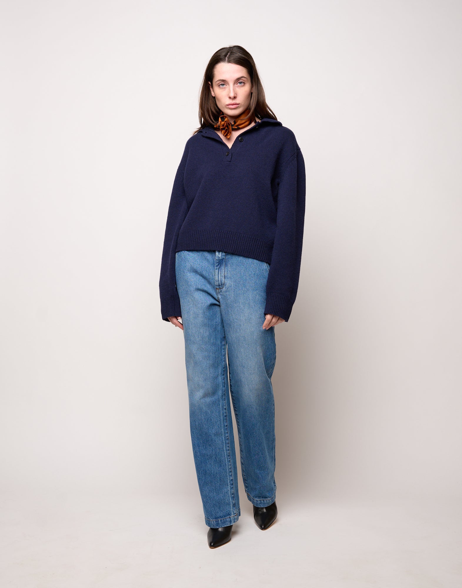 DOUUOD Maglia Polo Cropped in Lana e Cashmere Oltremare