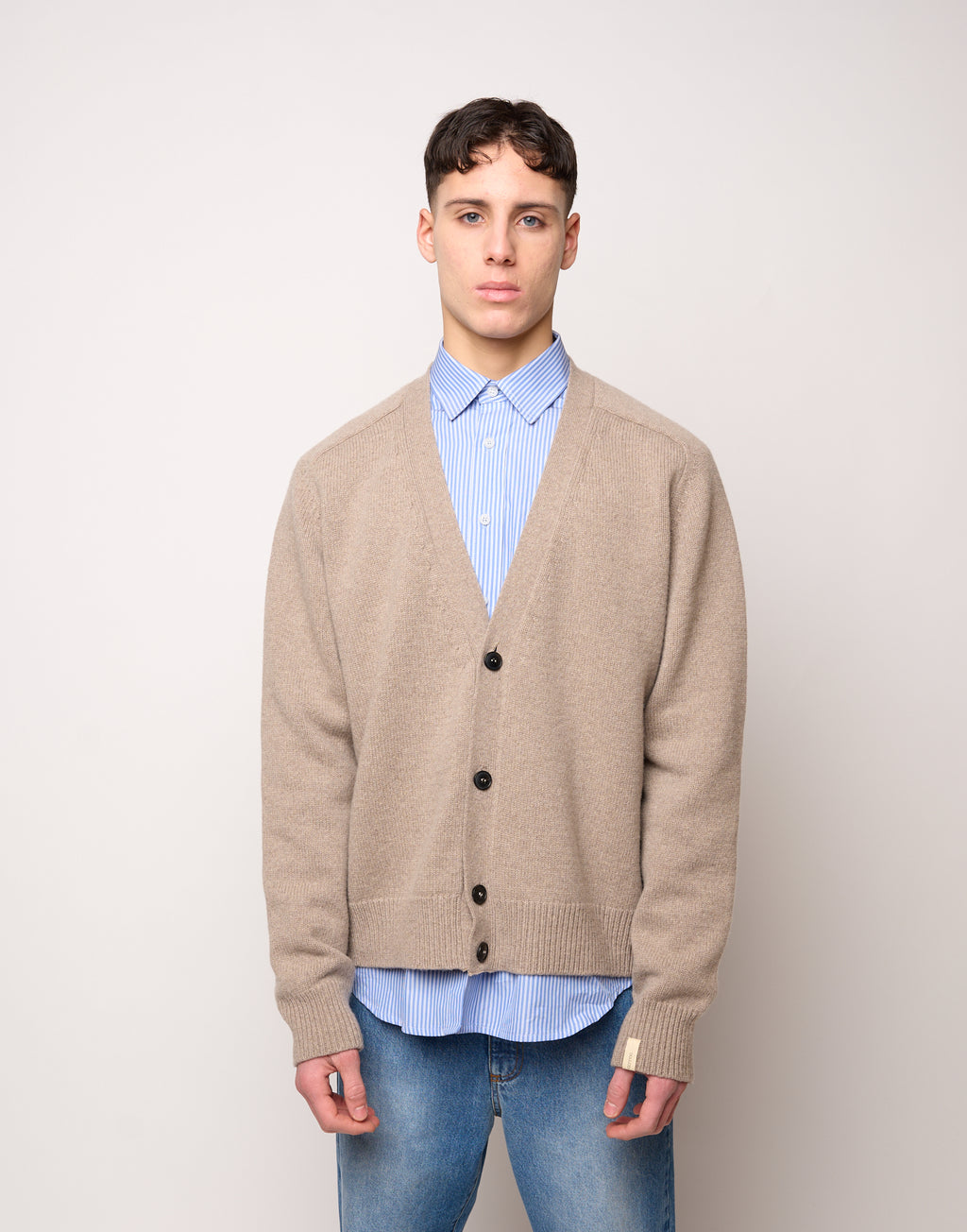 DOUUOD Cardigan Genderless con Scollo a V e Maniche Raglan in Lana e Cashmere Taupe