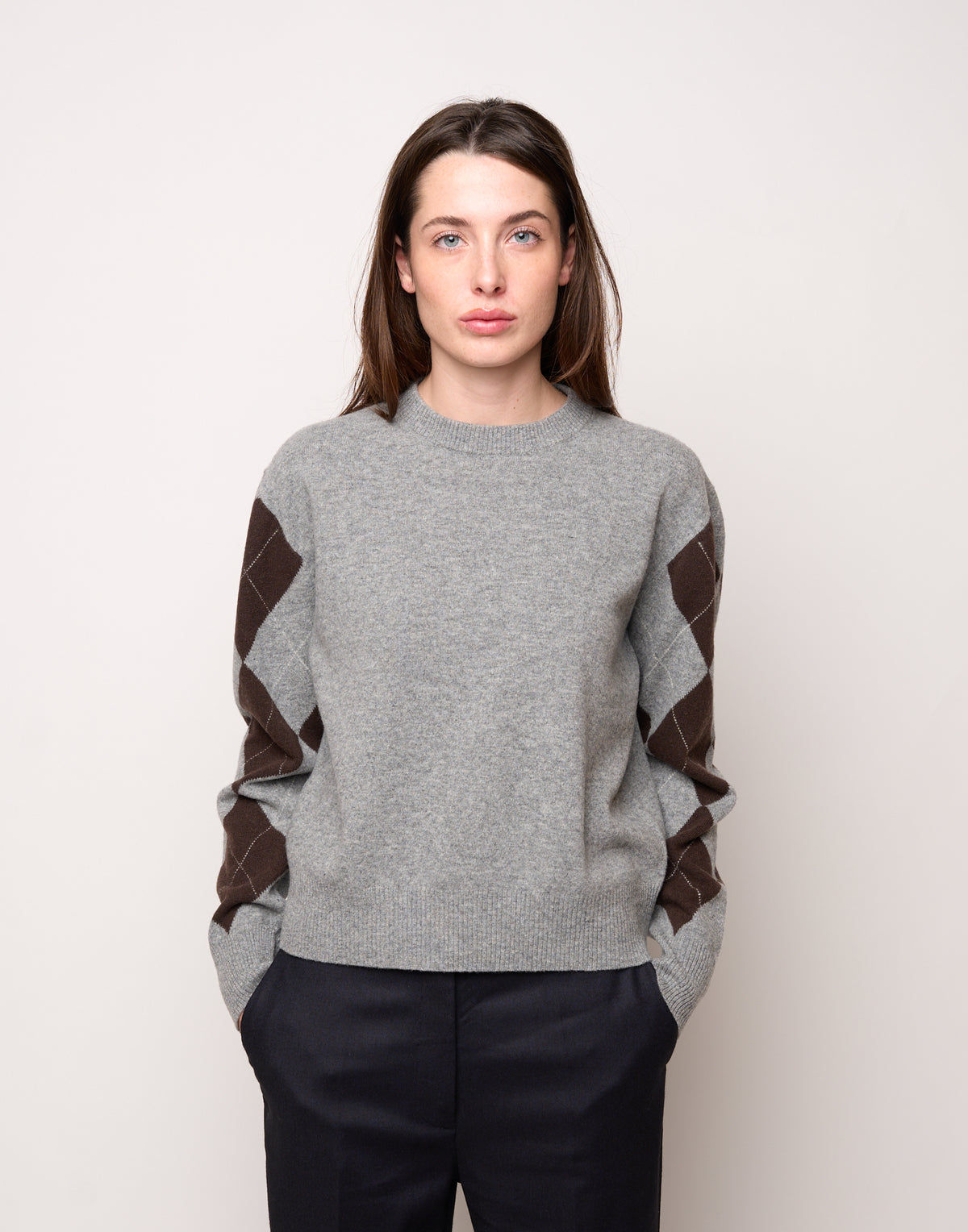 DOUUOD Maglia Girocollo con Intarsio Argyle Grigio/Moro