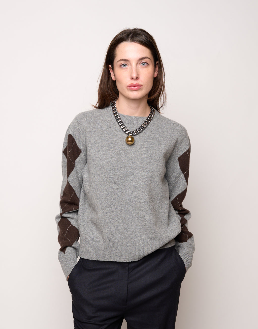 DOUUOD Maglia Girocollo con Intarsio Argyle Grigio/Moro