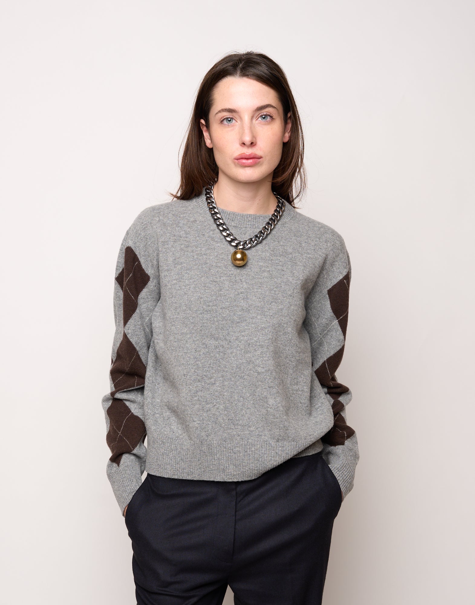 DOUUOD Maglia Girocollo con Intarsio Argyle Grigio/Moro