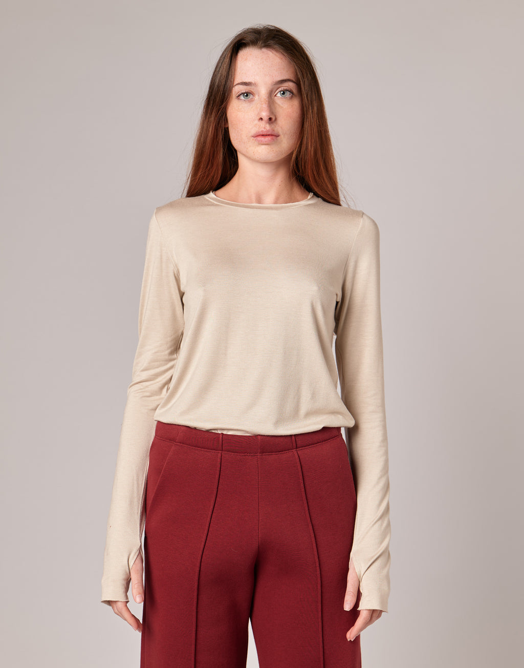 DOUUOD T-shirt a Manica Lunga in Jersey di Viscosa Stretch Stucco