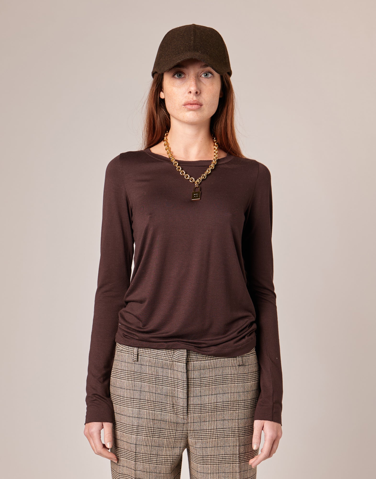 DOUUOD T-shirt a Manica Lunga in Jersey di Viscosa Stretch con Scollo Ampio Ciocco