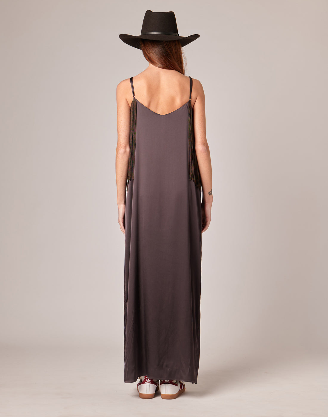DOUUOD Abito Lungo in Raso Stretch con Frange Ciocco