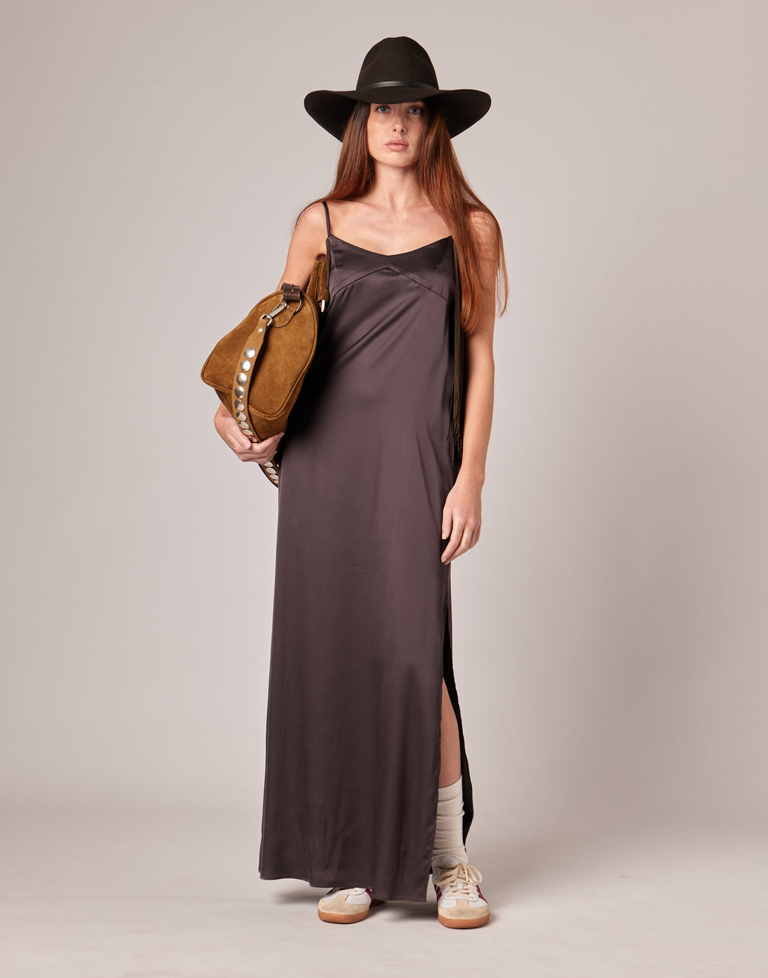 DOUUOD Abito Lungo in Raso Stretch con Frange Ciocco