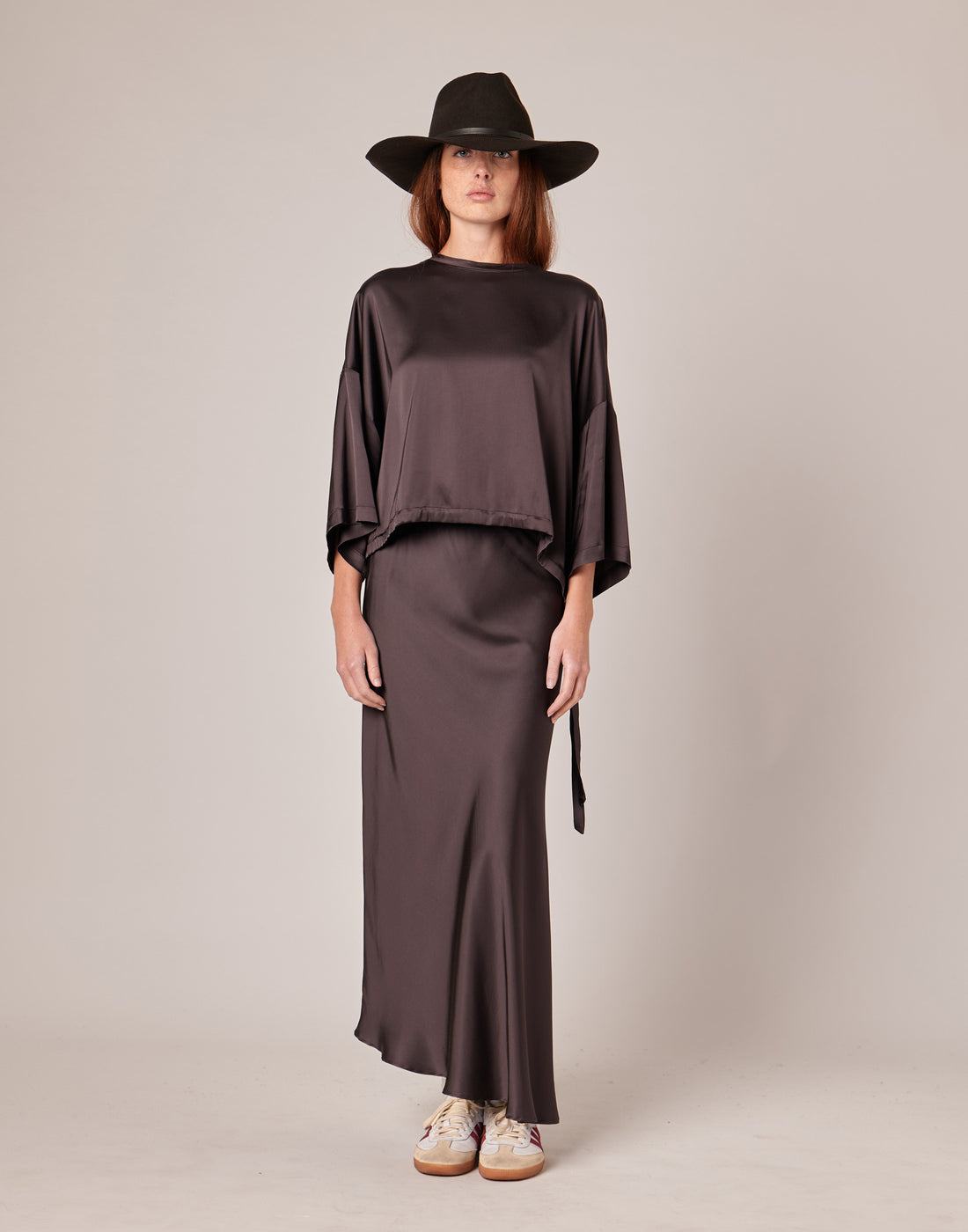 DOUUOD T-shirt Ampia in Raso Stretch con Coulisse Ciocco