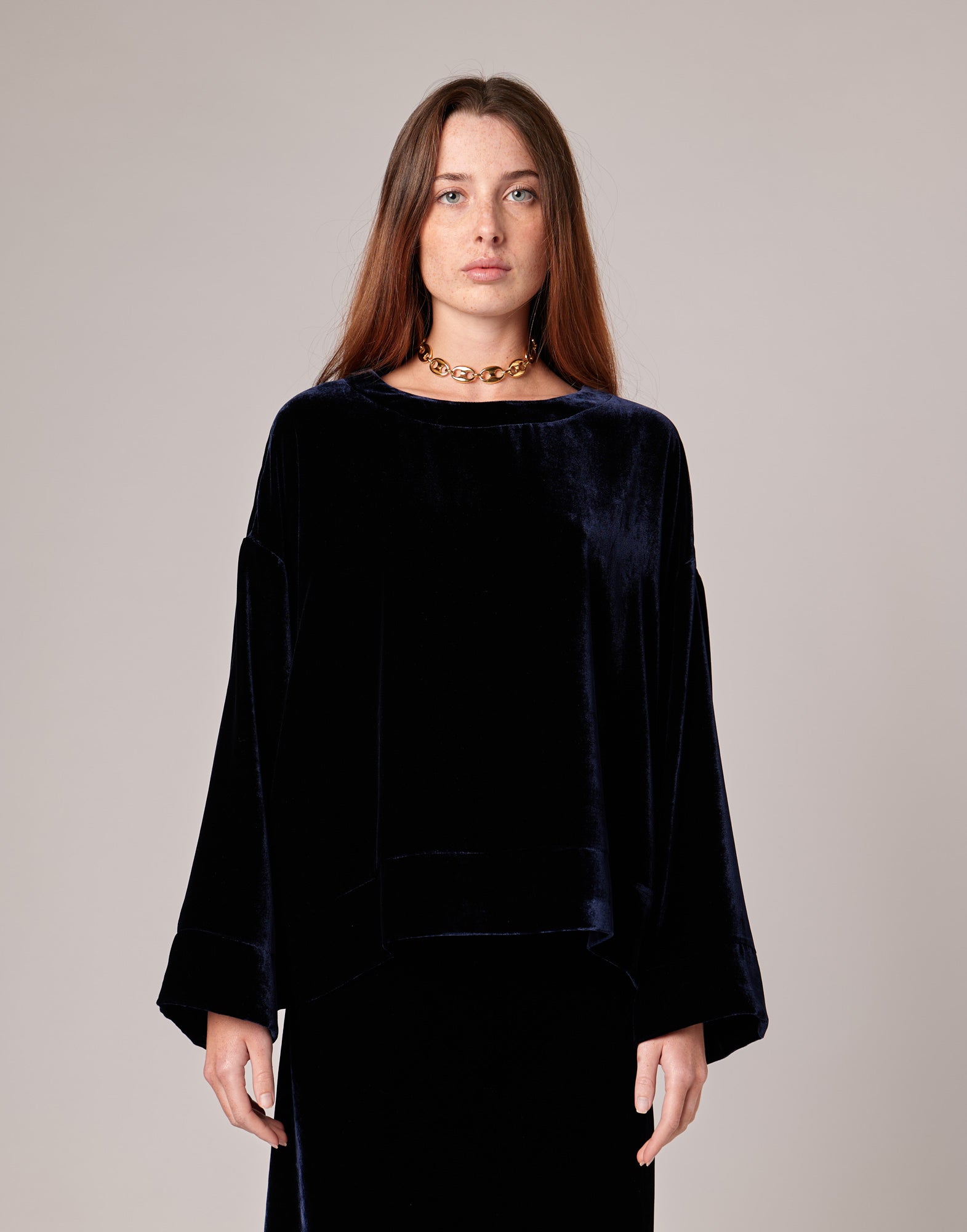 DOUUOD Casacca Ampia in Velluto Fluido Misto Seta Blu Notte