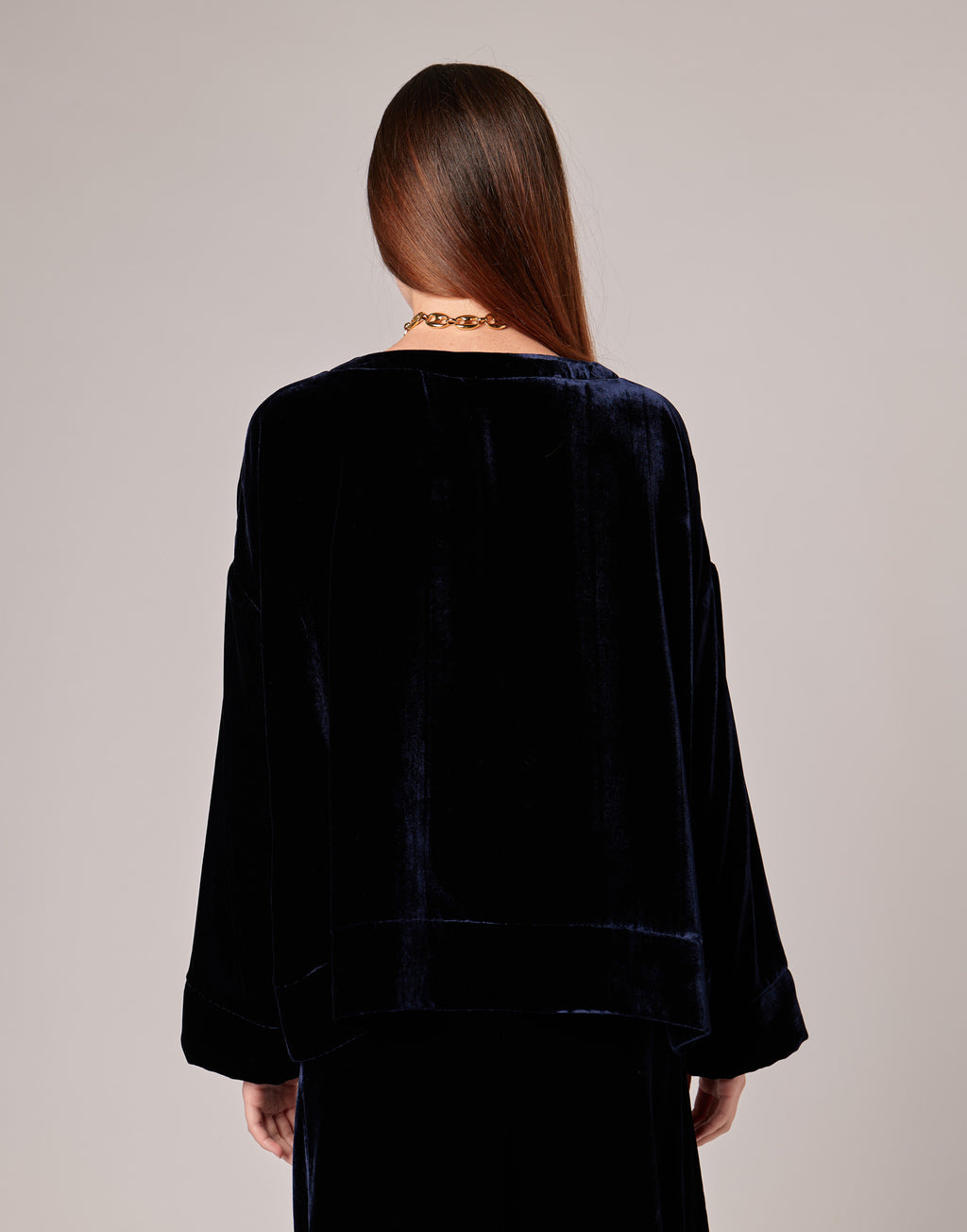 DOUUOD Casacca Ampia in Velluto Fluido Misto Seta Blu Notte