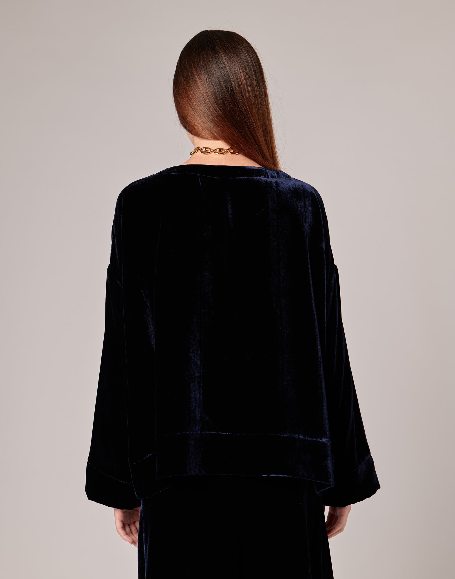 DOUUOD Casacca Ampia in Velluto Fluido Misto Seta Blu Notte